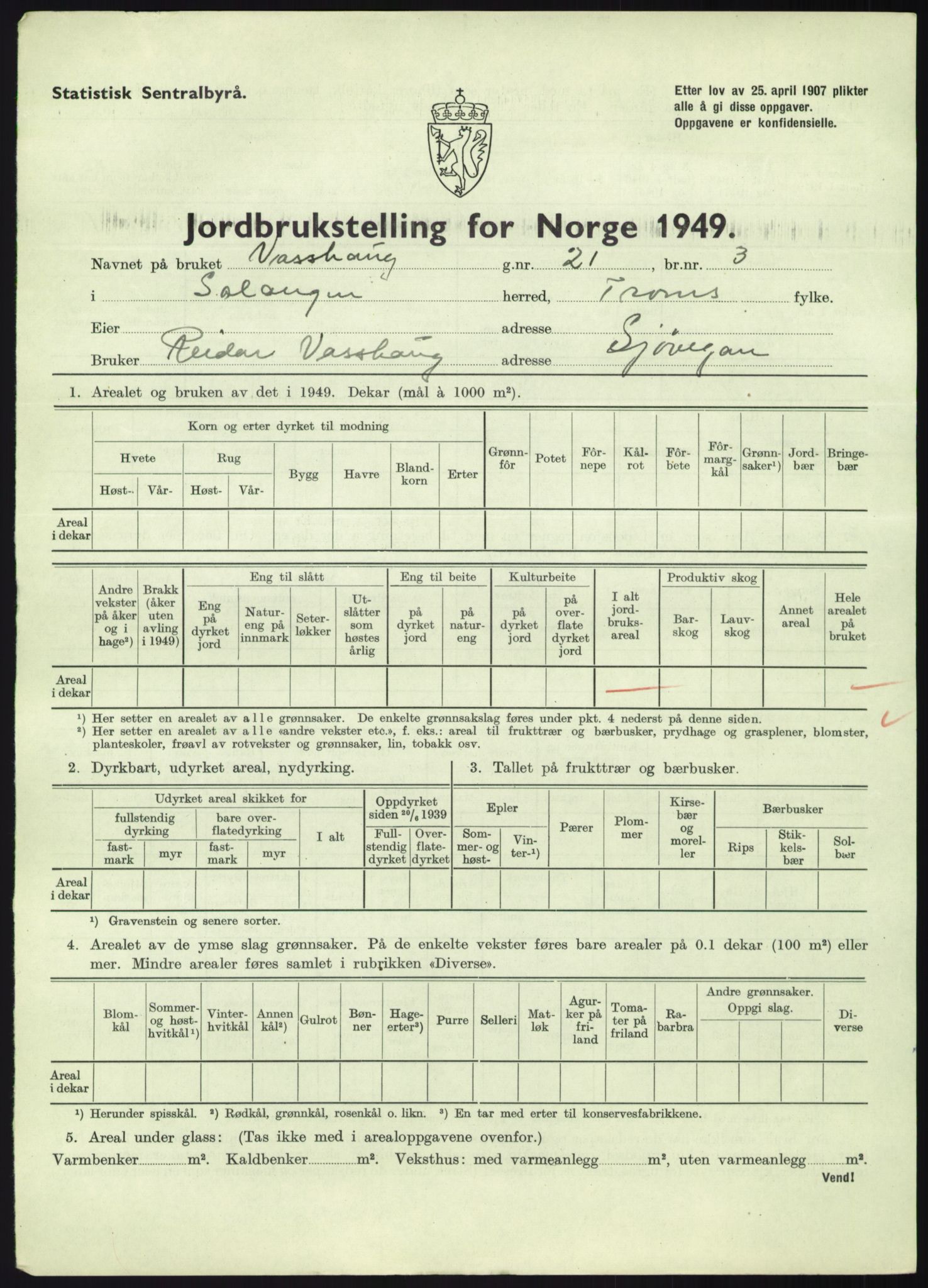 Statistisk sentralbyrå, Næringsøkonomiske emner, Jordbruk, skogbruk, jakt, fiske og fangst, AV/RA-S-2234/G/Gc/L0438: Troms: Salangen og Bardu, 1949, p. 29