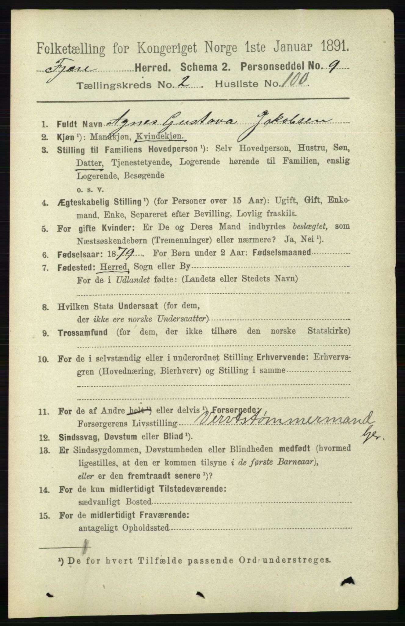 RA, 1891 census for 0923 Fjære, 1891, p. 1305