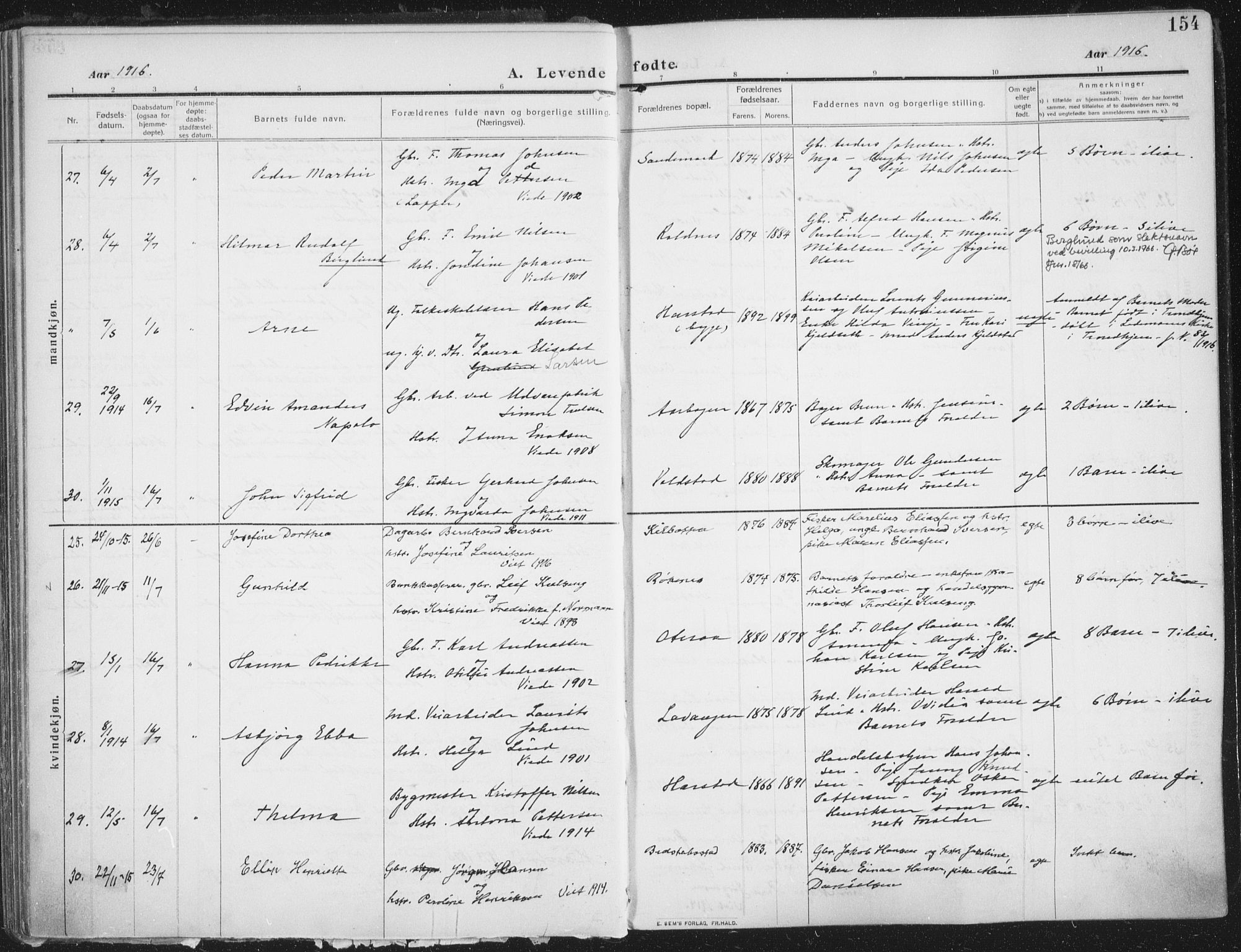 Trondenes sokneprestkontor, AV/SATØ-S-1319/H/Ha/L0018kirke: Parish register (official) no. 18, 1909-1918, p. 154