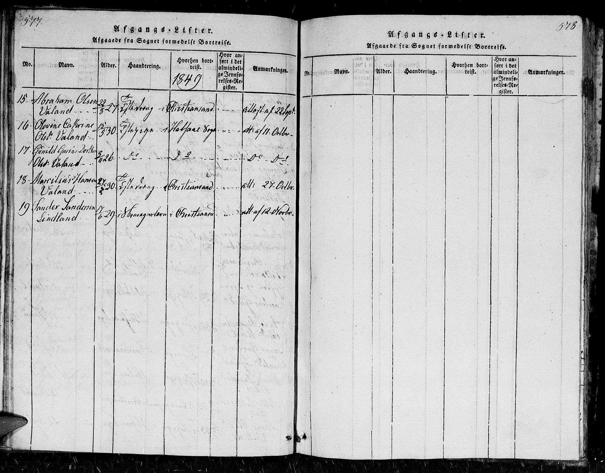 Holum sokneprestkontor, AV/SAK-1111-0022/F/Fb/Fba/L0002: Parish register (copy) no. B 2, 1820-1849, p. 577-578