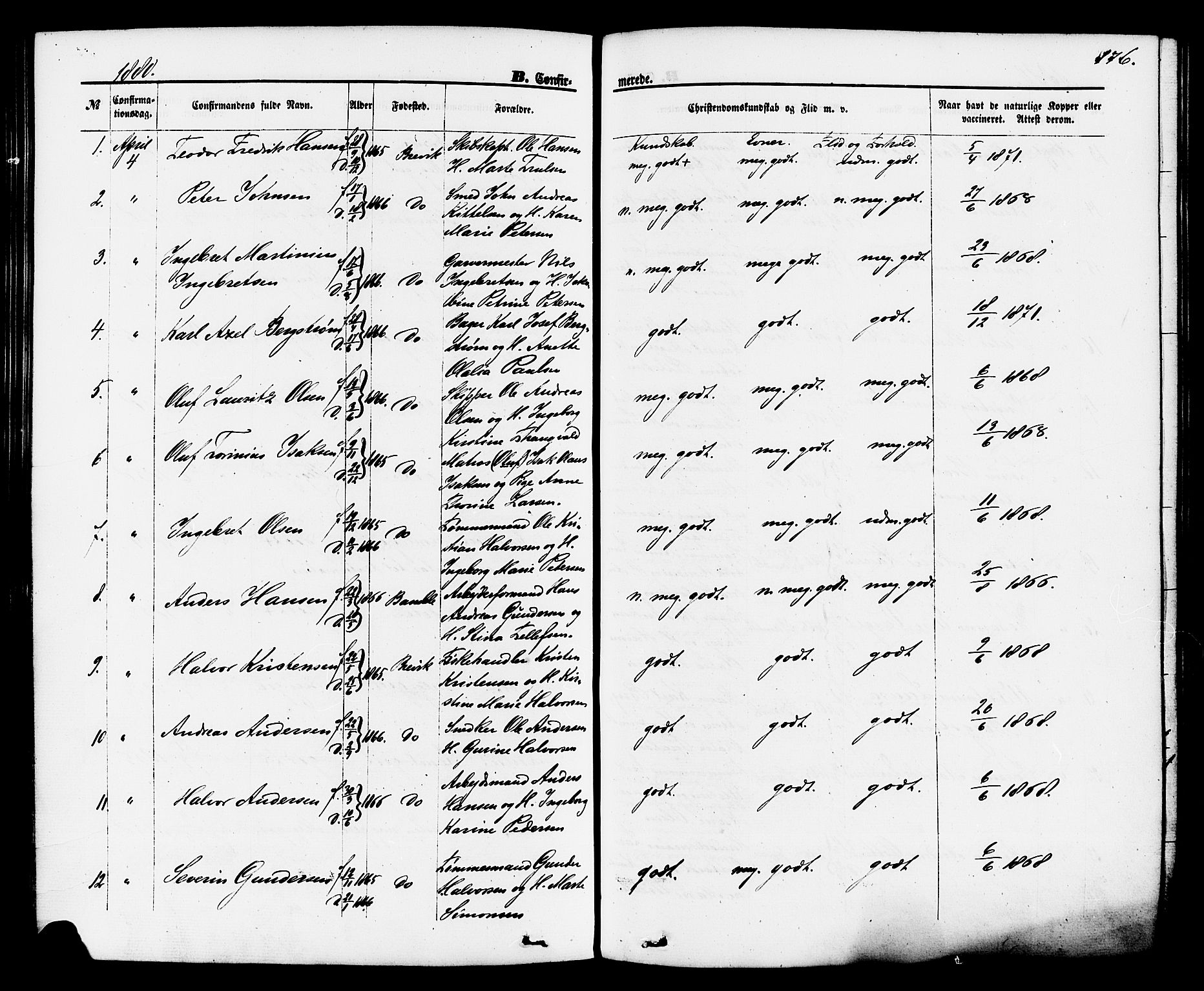 Brevik kirkebøker, AV/SAKO-A-255/F/Fa/L0006: Parish register (official) no. 6, 1866-1881, p. 176