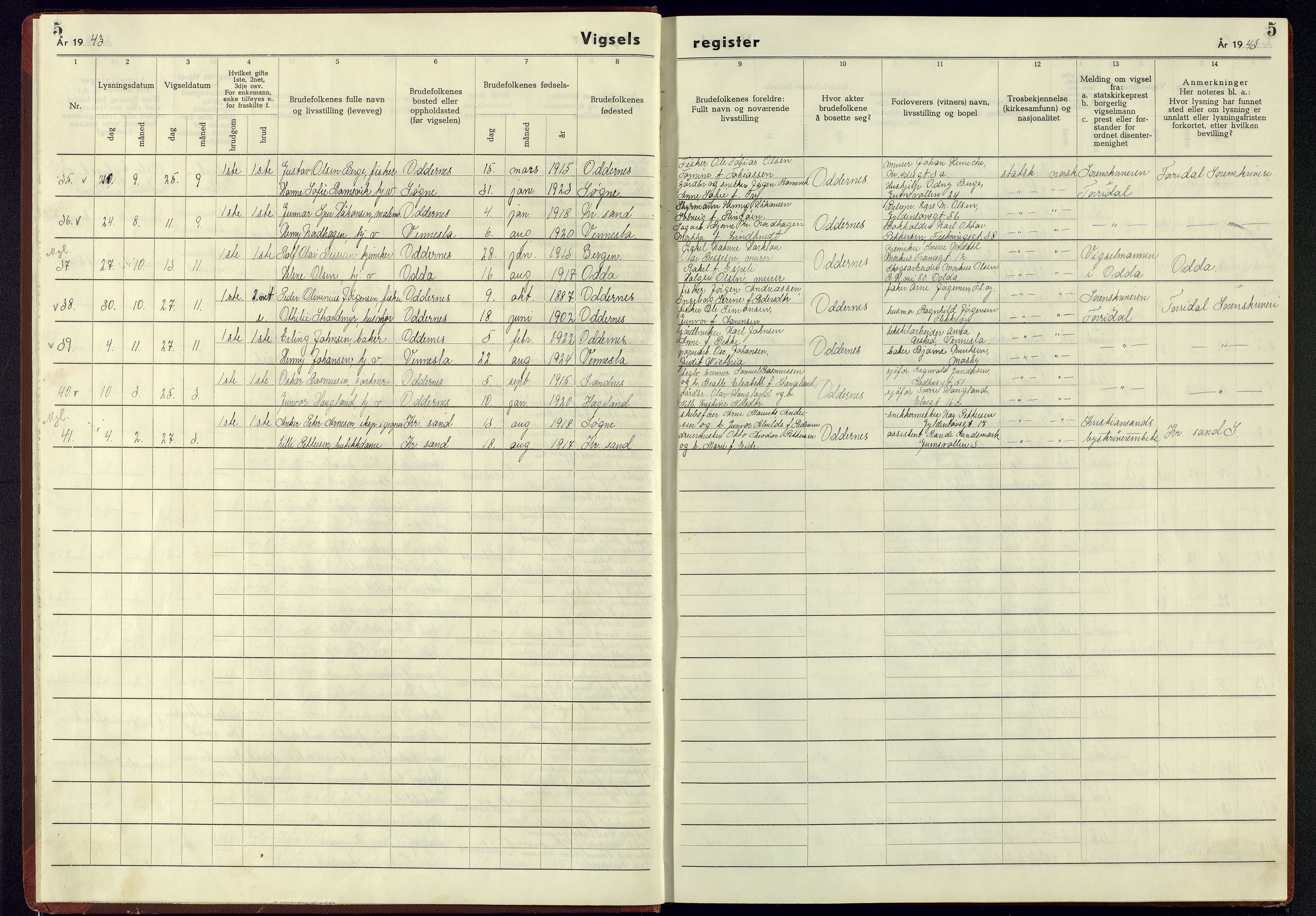 Oddernes sokneprestkontor, SAK/1111-0033/J/Jb/L0005: Marriage register no. 5, 1942-1945, p. 5