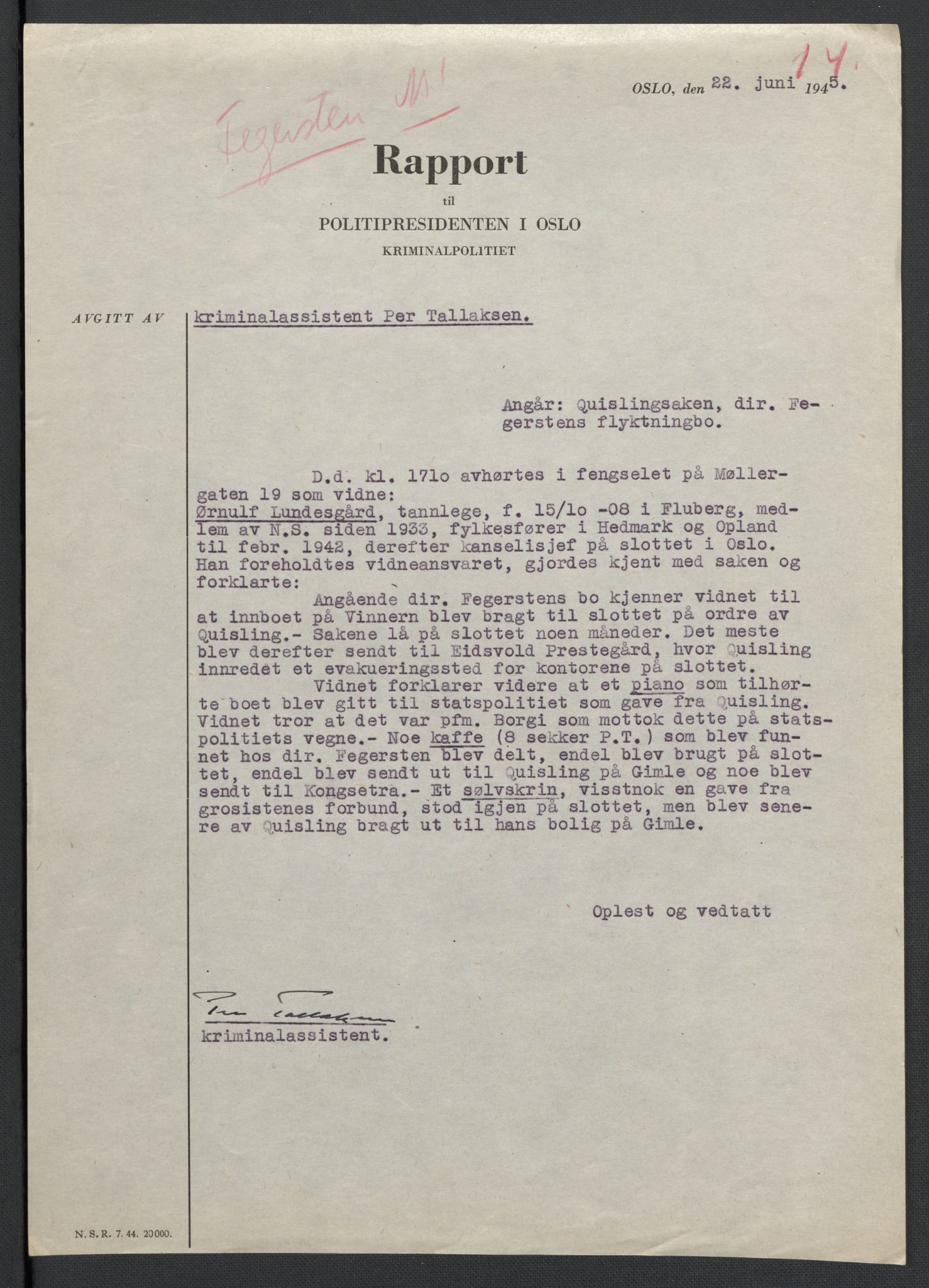 Landssvikarkivet, Oslo politikammer, AV/RA-S-3138-01/D/Da/L0003: Dnr. 29, 1945, p. 2624