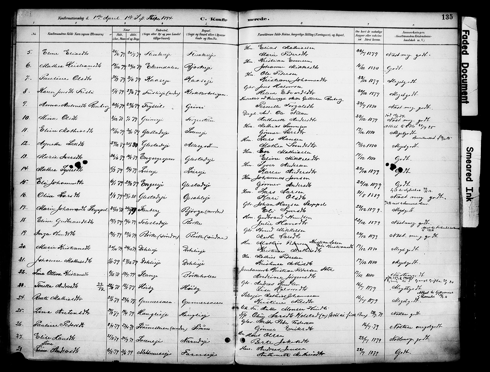 Ringsaker prestekontor, SAH/PREST-014/K/Ka/L0016: Parish register (official) no. 16, 1891-1904, p. 135