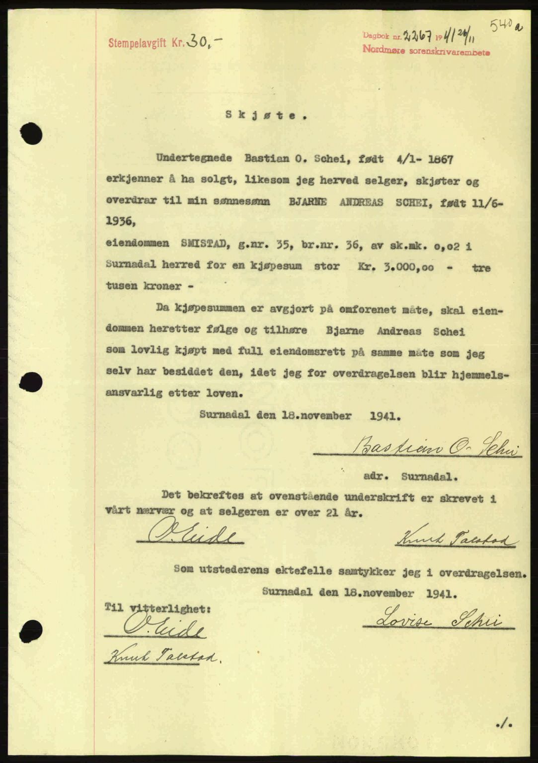 Nordmøre sorenskriveri, AV/SAT-A-4132/1/2/2Ca: Mortgage book no. A91, 1941-1942, Diary no: : 2267/1941