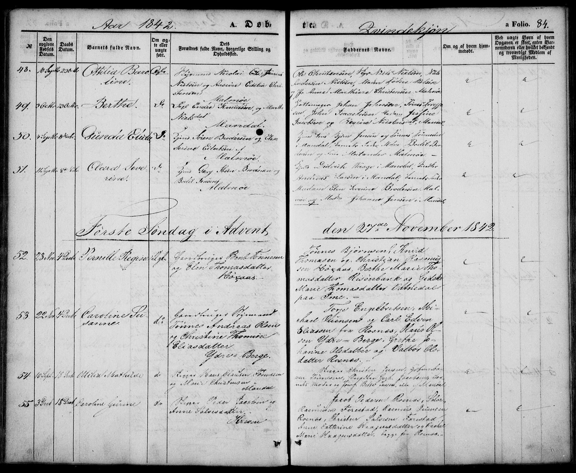 Mandal sokneprestkontor, SAK/1111-0030/F/Fa/Faa/L0012: Parish register (official) no. A 12, 1840-1847, p. 84