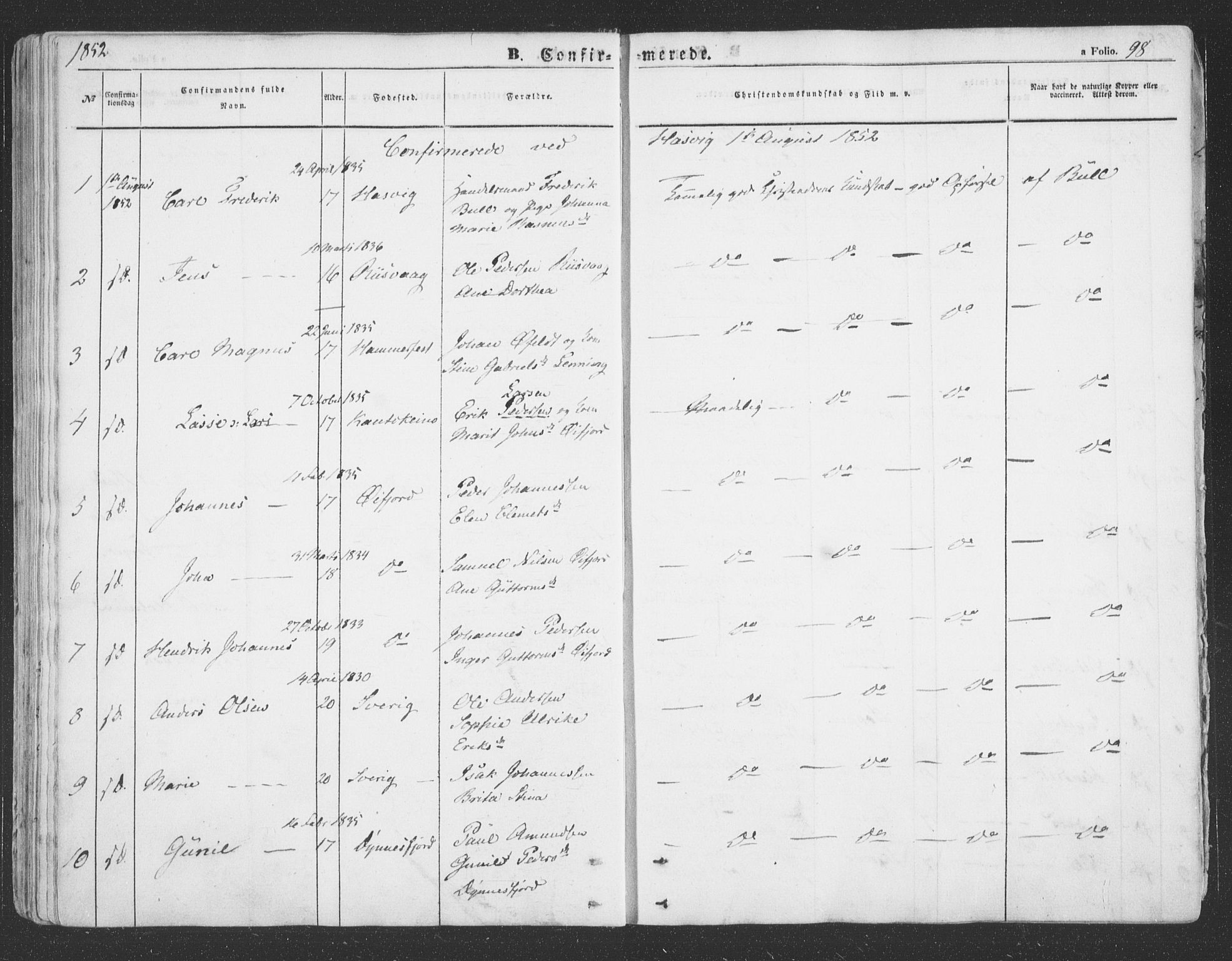 Loppa sokneprestkontor, AV/SATØ-S-1339/H/Ha/L0004kirke: Parish register (official) no. 4, 1849-1868, p. 98