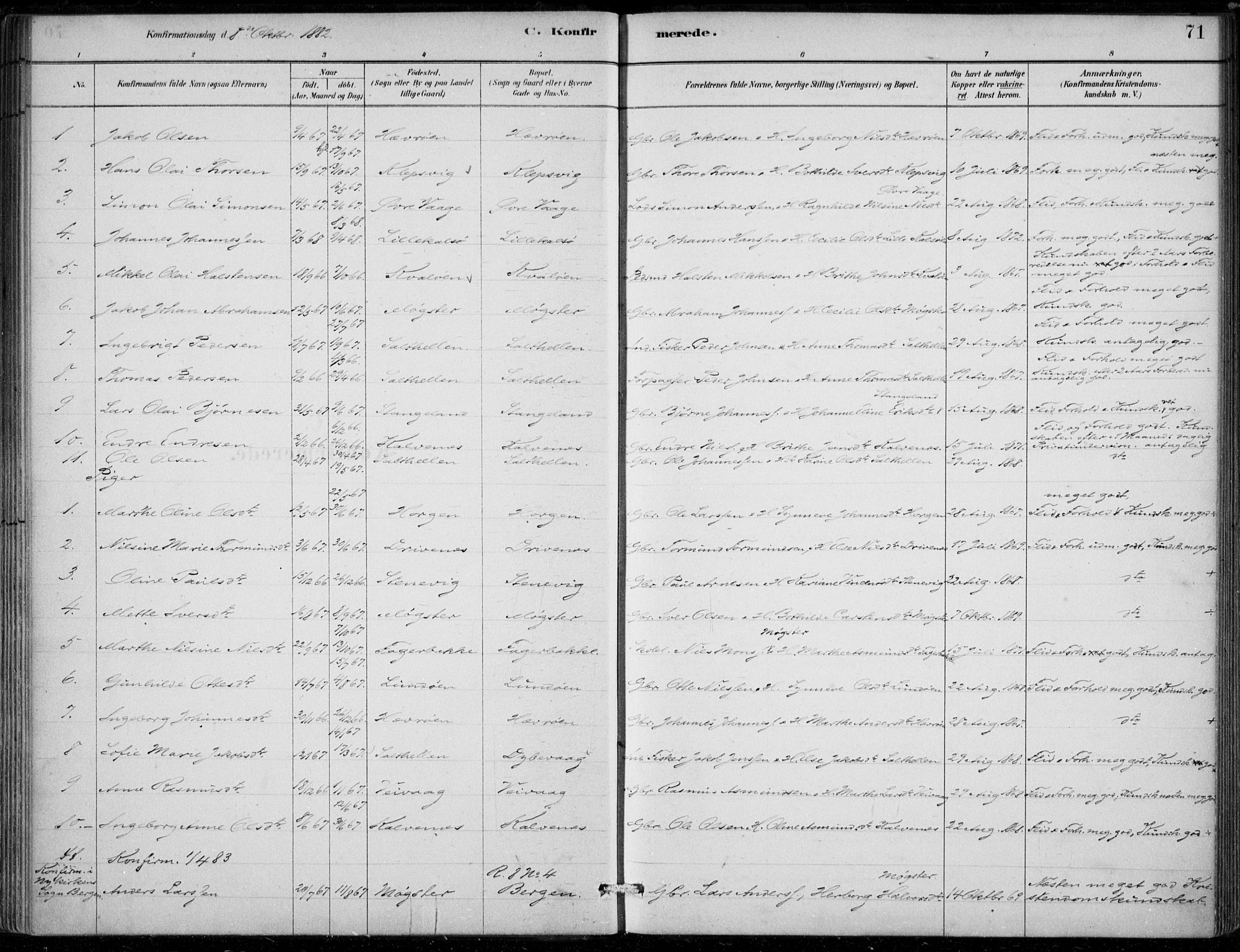 Sund sokneprestembete, AV/SAB-A-99930: Parish register (official) no. D 1, 1882-1899, p. 71