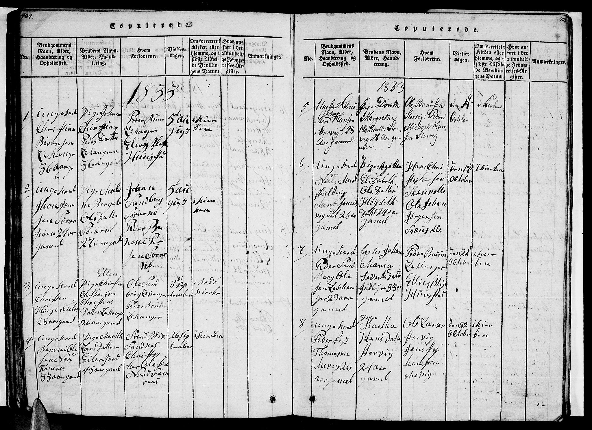 Ministerialprotokoller, klokkerbøker og fødselsregistre - Nordland, SAT/A-1459/805/L0105: Parish register (copy) no. 805C01, 1820-1839, p. 404-405
