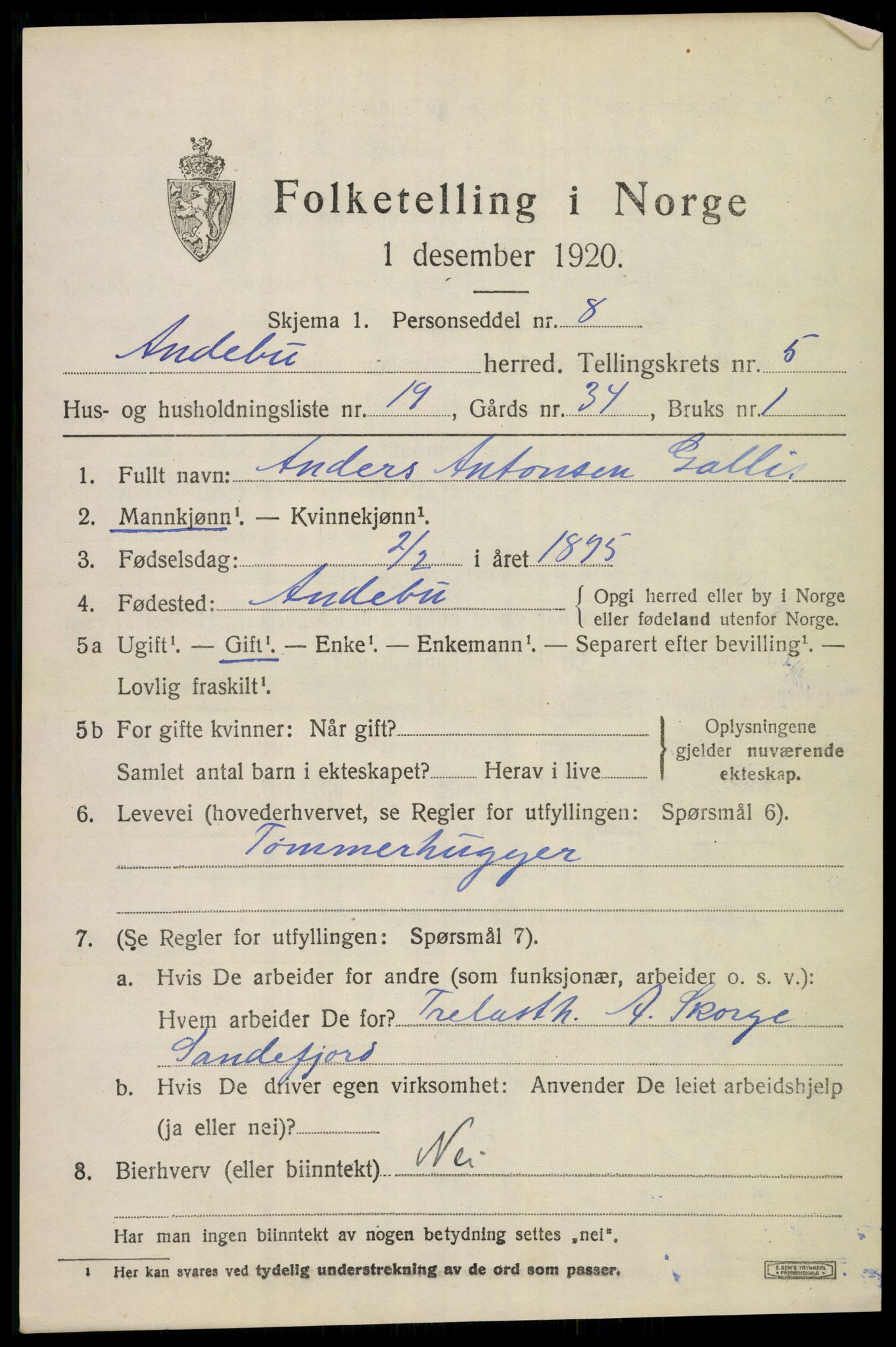 SAKO, 1920 census for Andebu, 1920, p. 2822