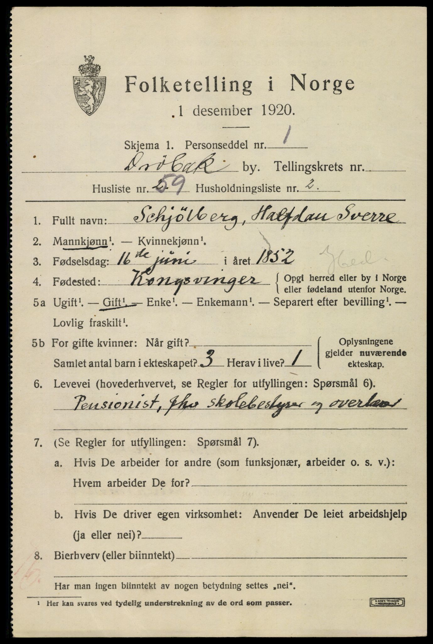 SAO, 1920 census for Drøbak, 1920, p. 2685