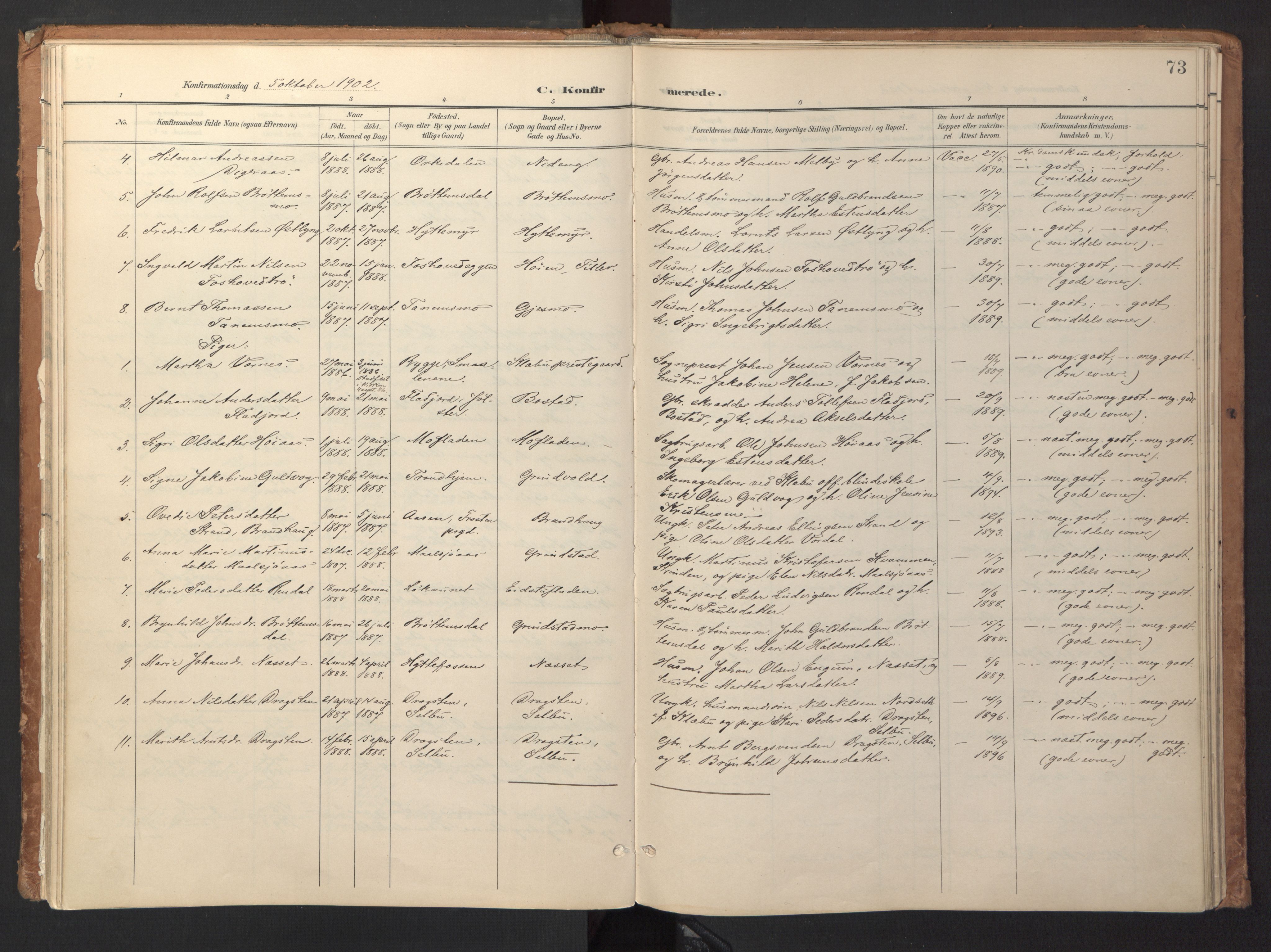 Ministerialprotokoller, klokkerbøker og fødselsregistre - Sør-Trøndelag, AV/SAT-A-1456/618/L0448: Parish register (official) no. 618A11, 1898-1916, p. 73