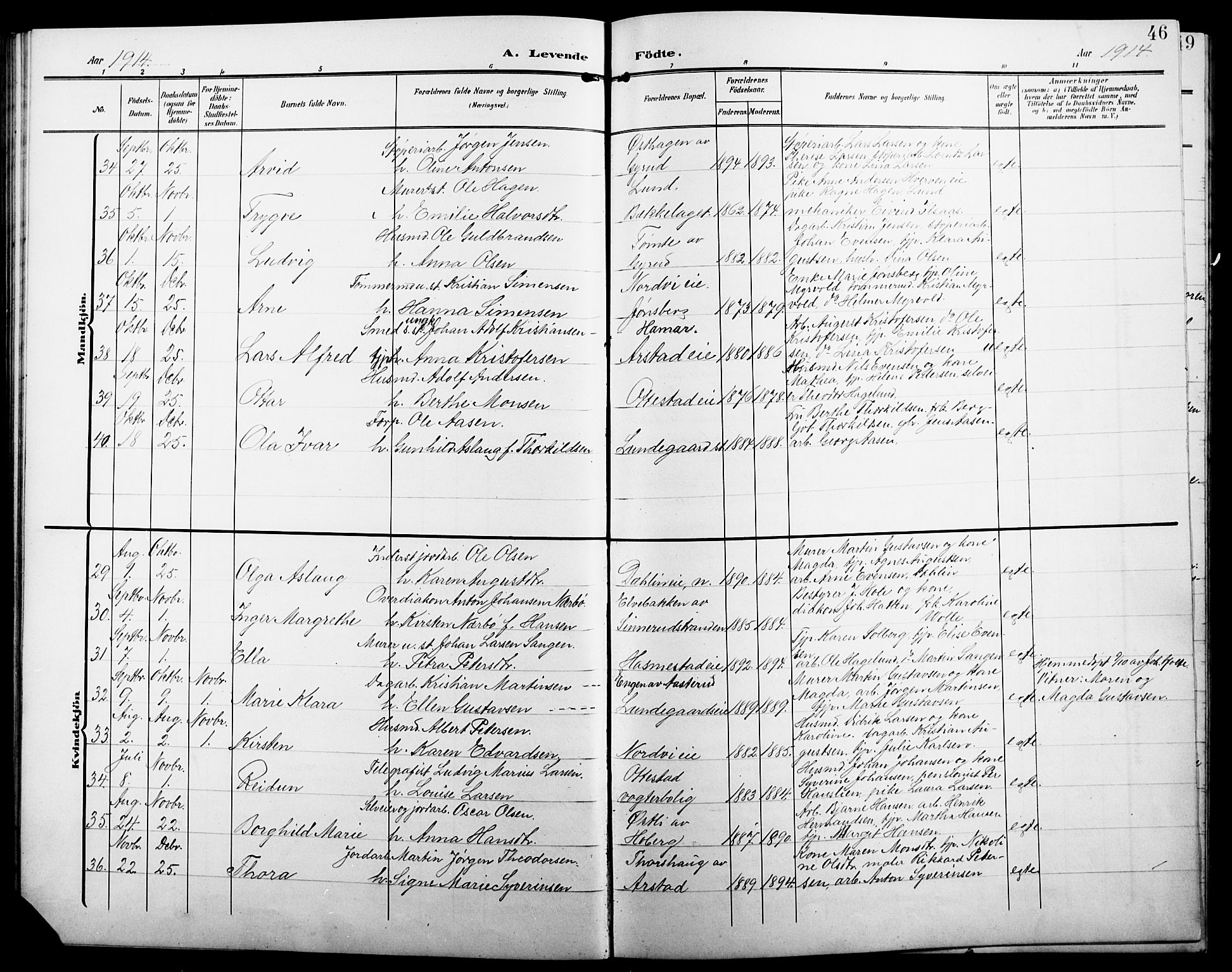 Stange prestekontor, SAH/PREST-002/L/L0013: Parish register (copy) no. 13, 1906-1915, p. 46