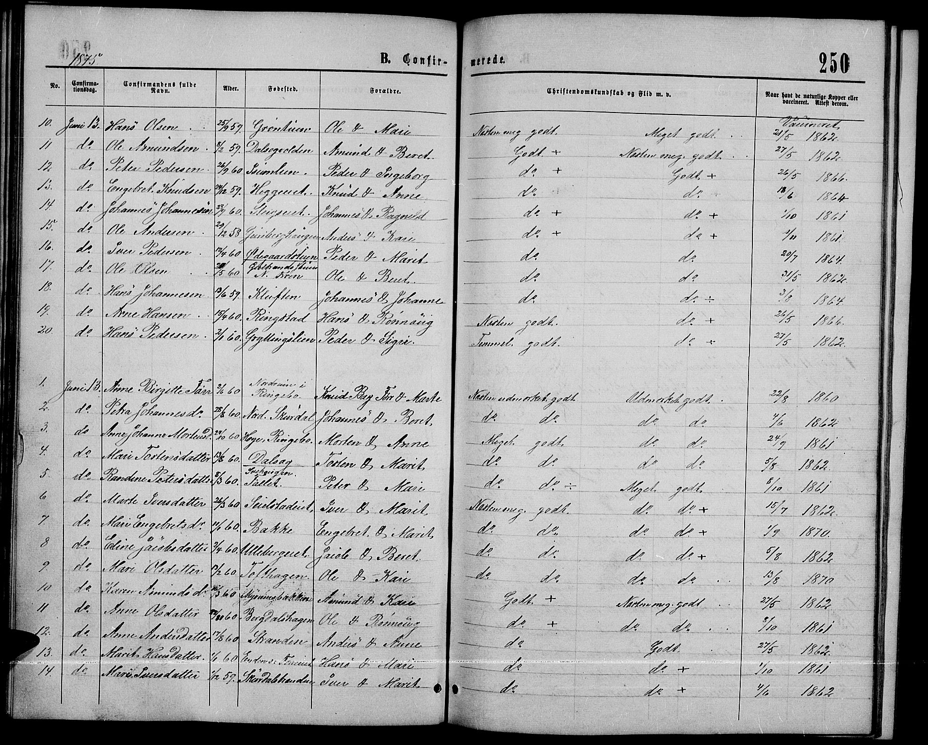 Sør-Fron prestekontor, SAH/PREST-010/H/Ha/Hab/L0002: Parish register (copy) no. 2, 1864-1883, p. 250