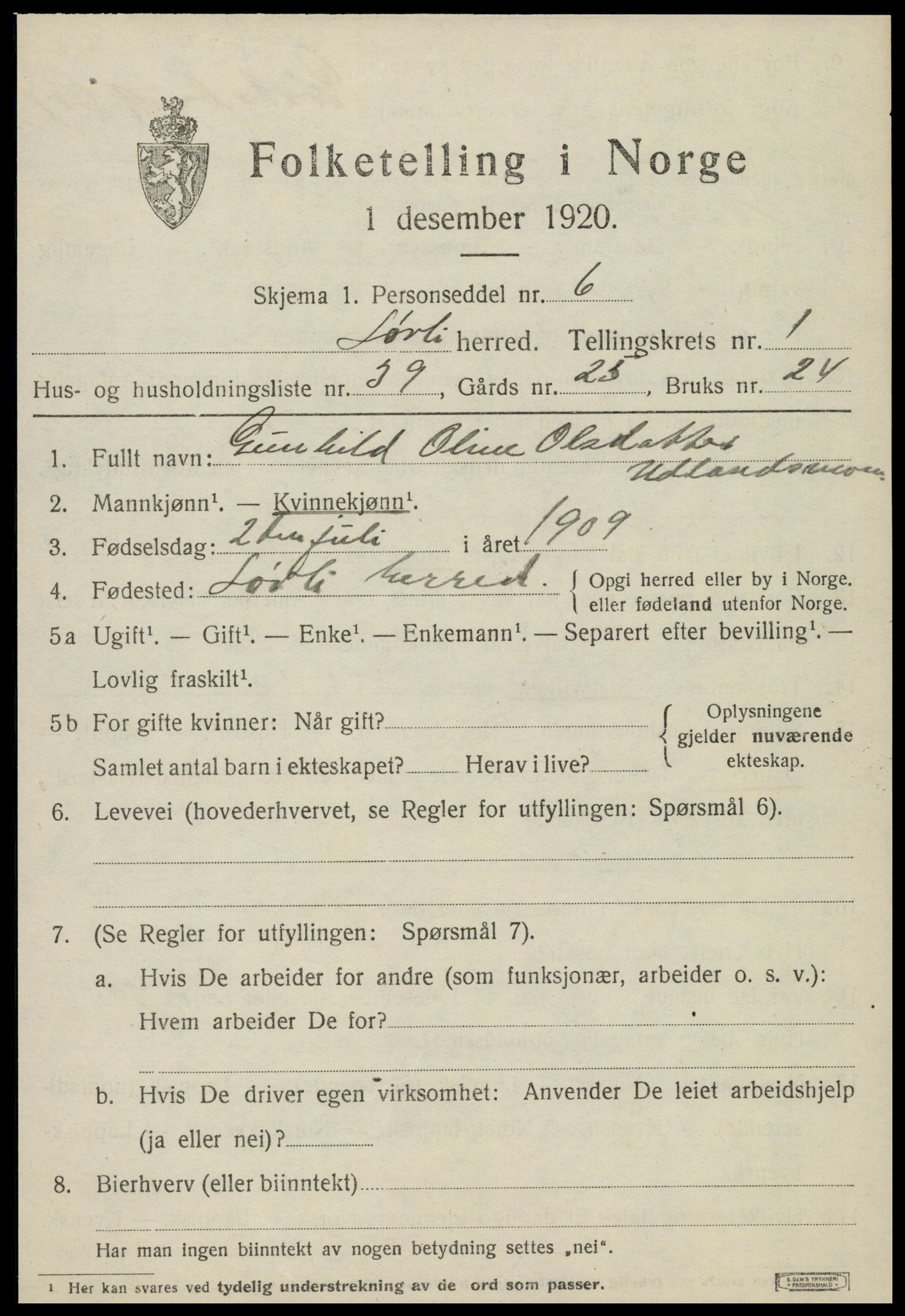 SAT, 1920 census for Sørli, 1920, p. 795