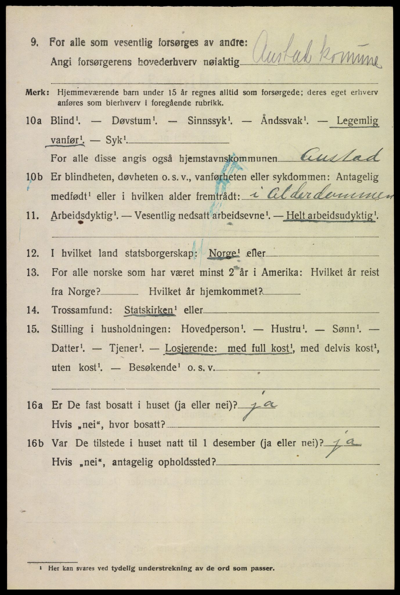 SAK, 1920 census for Austad, 1920, p. 1392