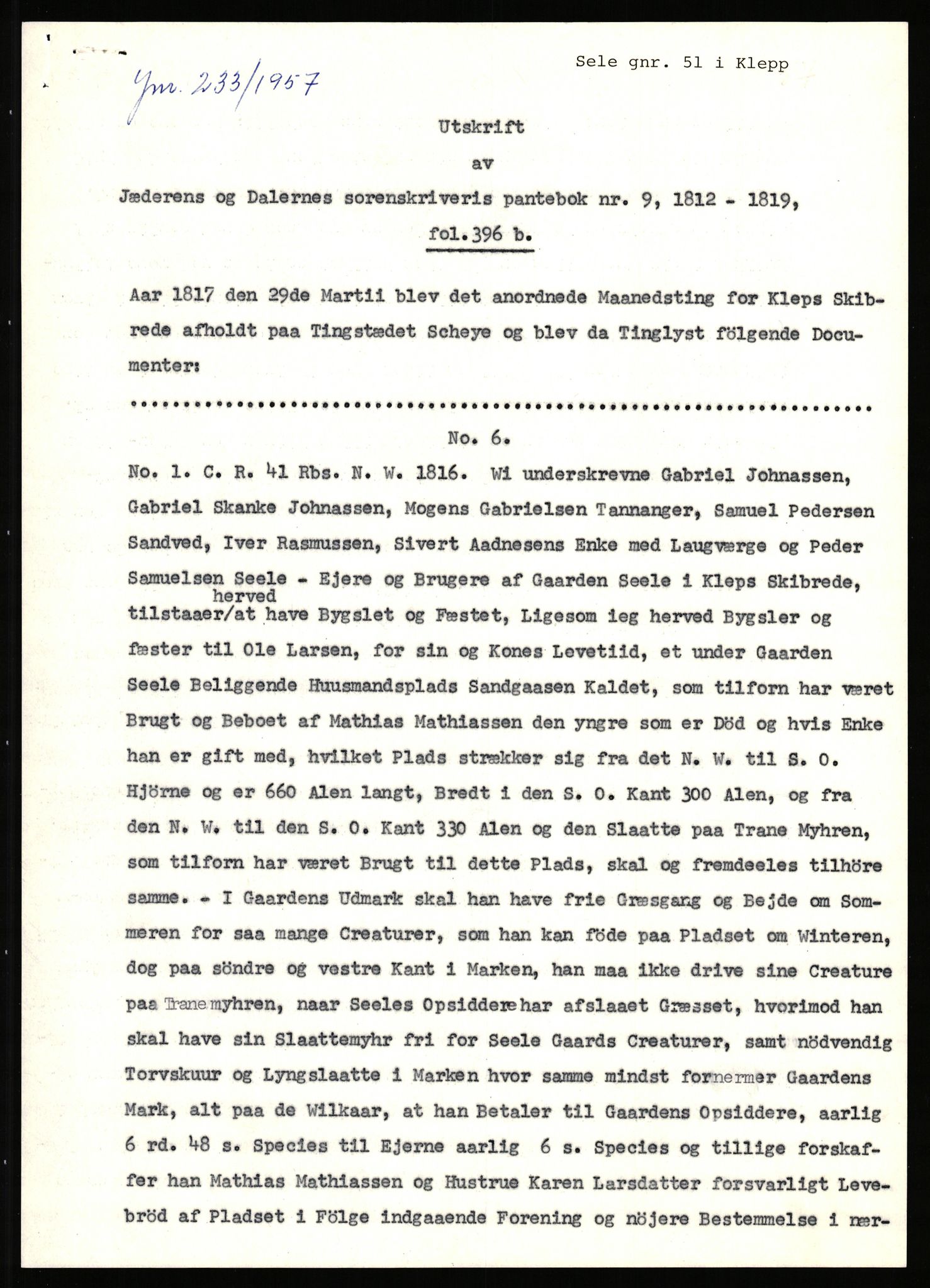 Statsarkivet i Stavanger, SAST/A-101971/03/Y/Yj/L0073: Avskrifter sortert etter gårdsnavn: Sandstøl ytre - Selland, 1750-1930, p. 401