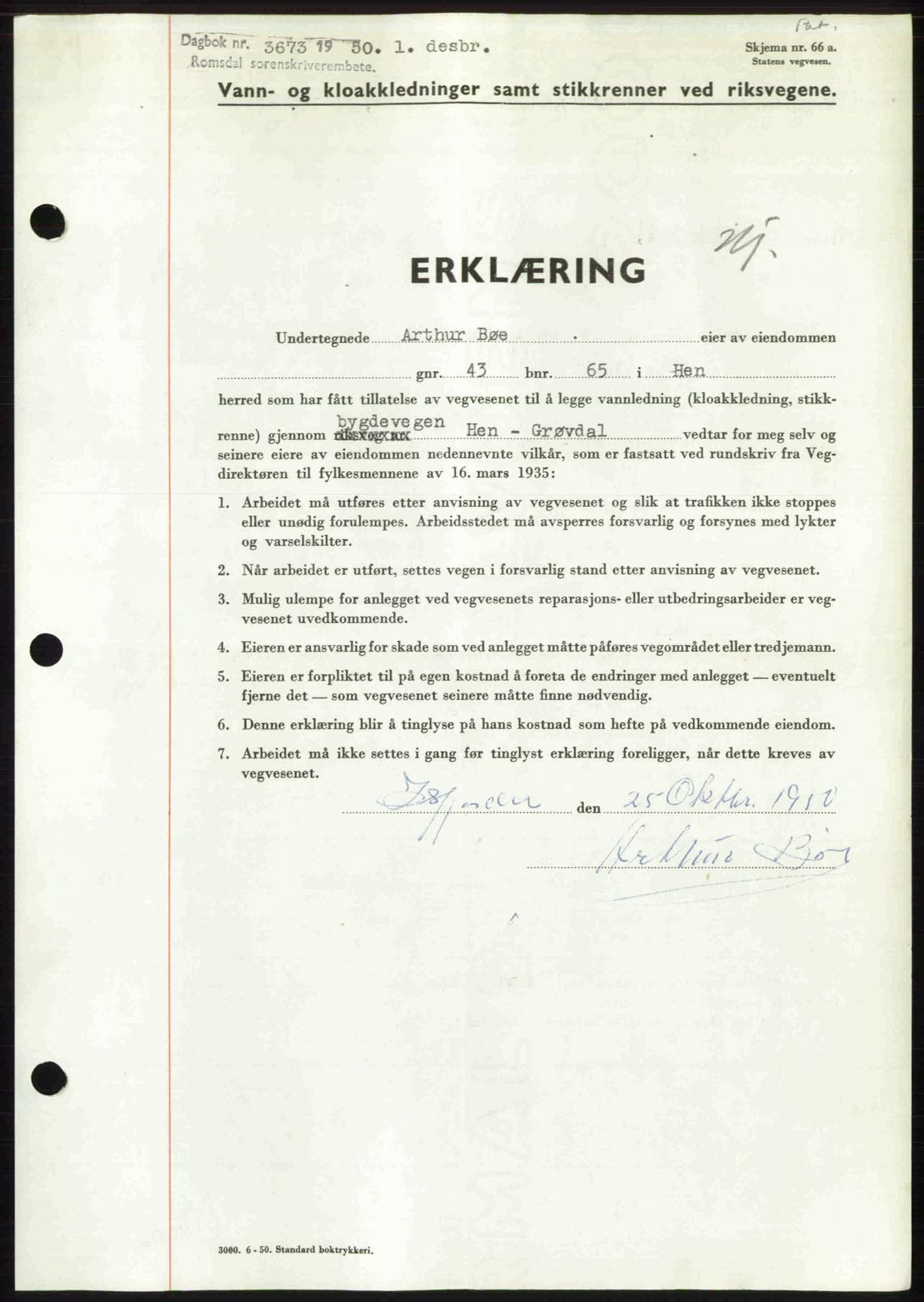 Romsdal sorenskriveri, AV/SAT-A-4149/1/2/2C: Mortgage book no. A34, 1950-1950, Diary no: : 3673/1950