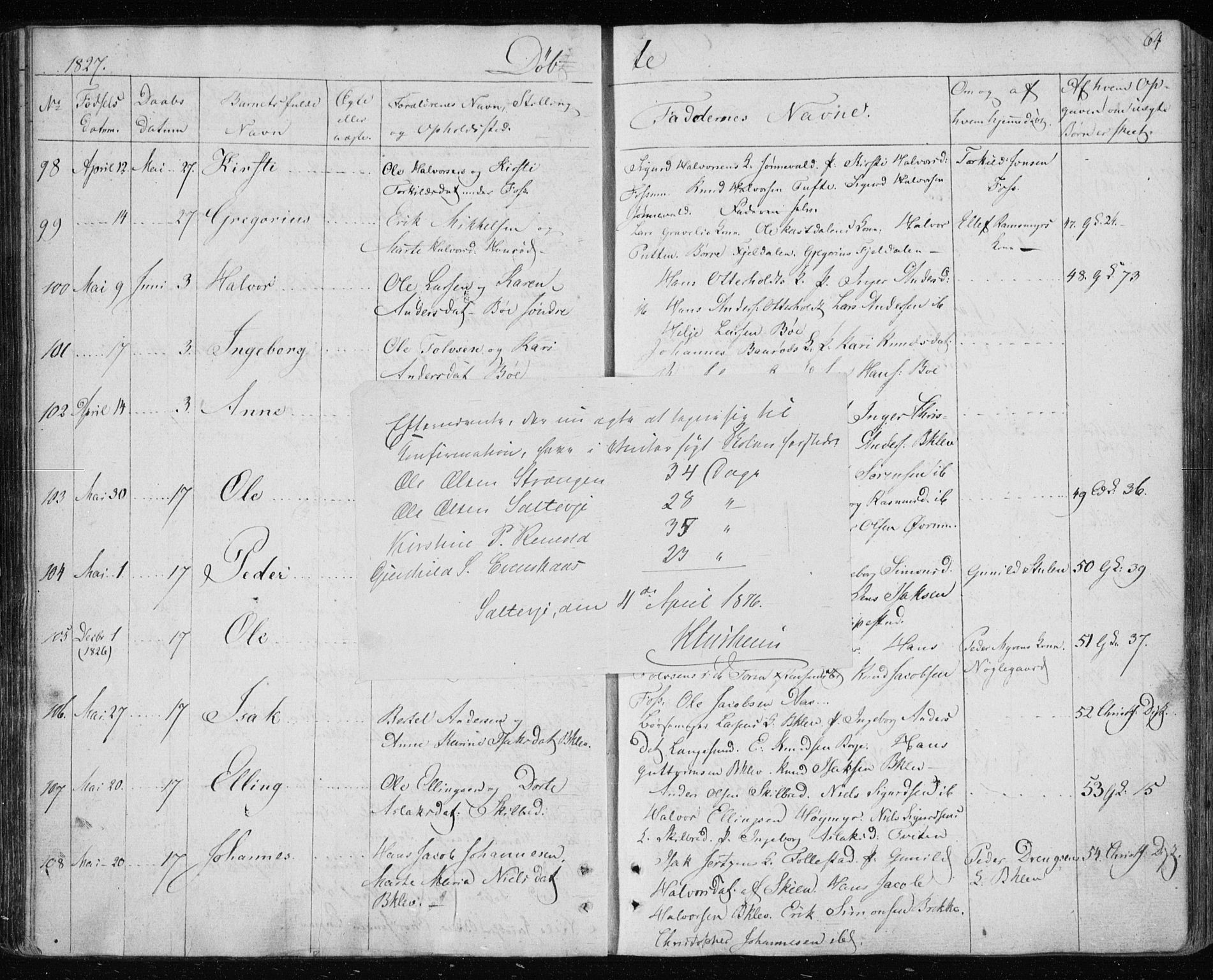 Gjerpen kirkebøker, SAKO/A-265/F/Fa/L0005: Parish register (official) no. I 5, 1823-1829, p. 64