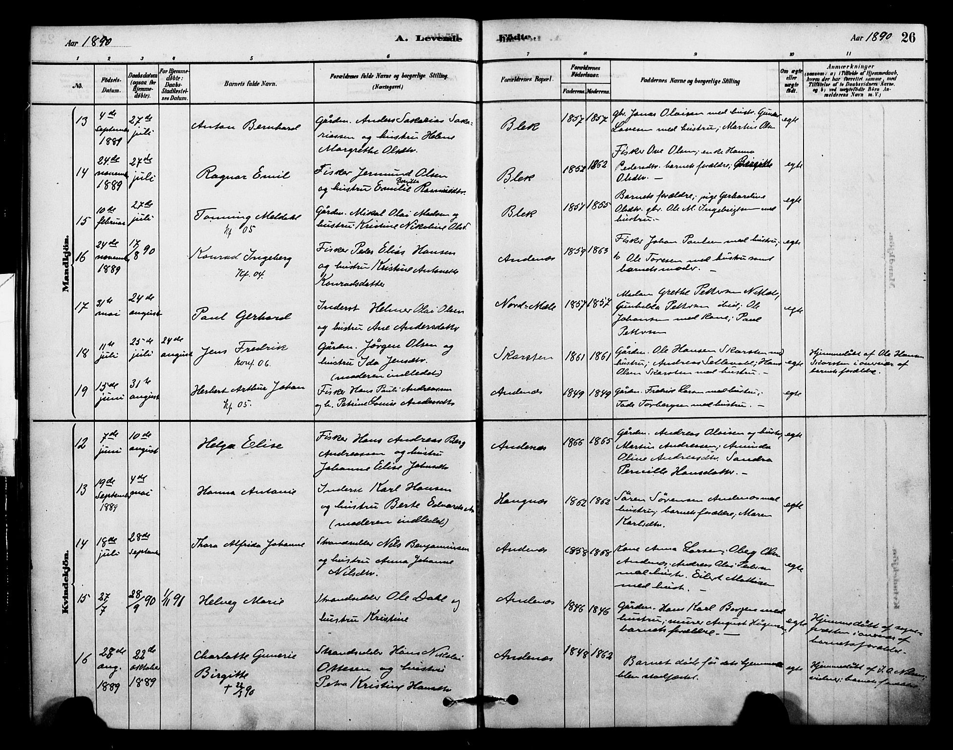 Ministerialprotokoller, klokkerbøker og fødselsregistre - Nordland, AV/SAT-A-1459/899/L1436: Parish register (official) no. 899A04, 1881-1896, p. 26