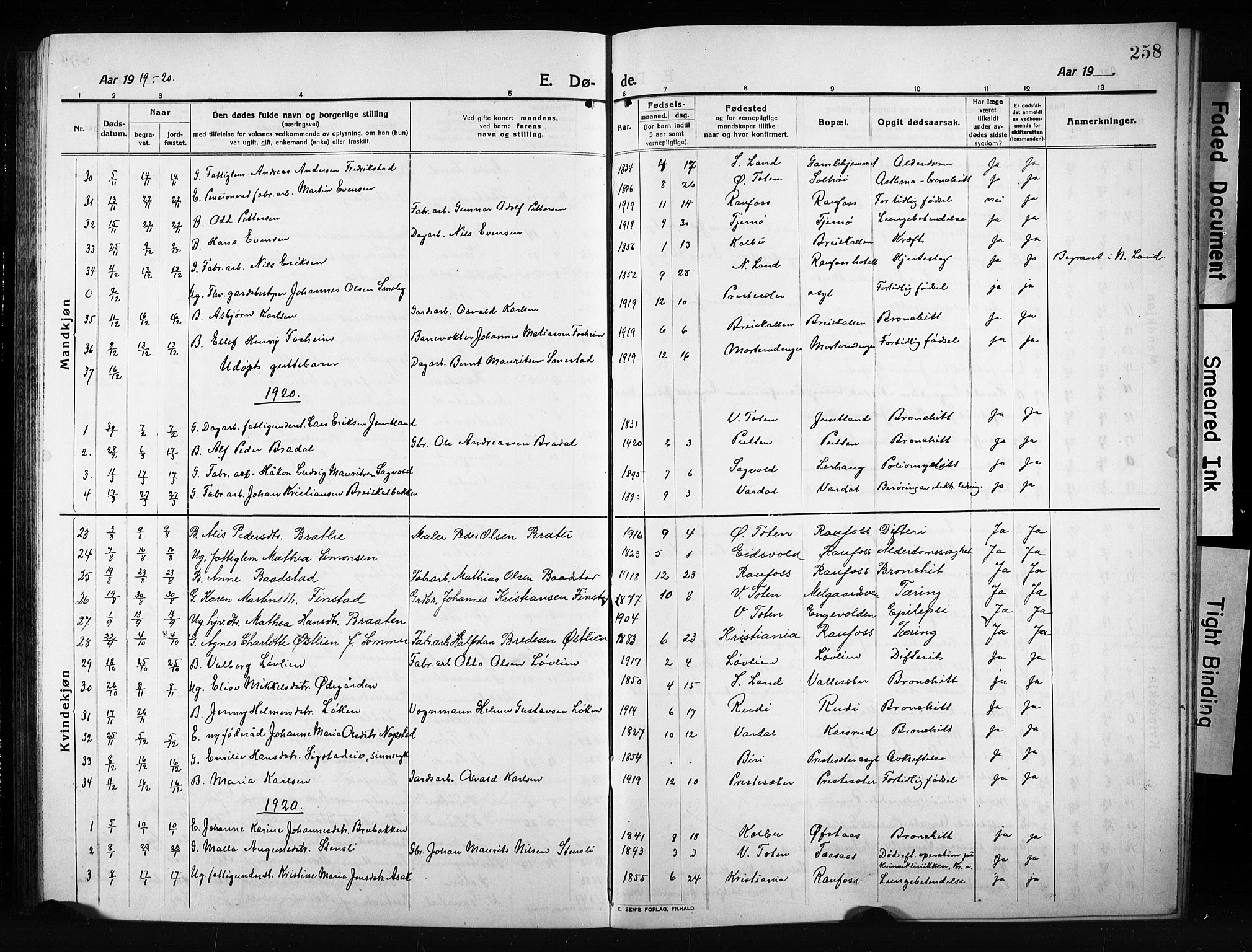 Vestre Toten prestekontor, AV/SAH-PREST-108/H/Ha/Hab/L0012: Parish register (copy) no. 12, 1909-1928, p. 258