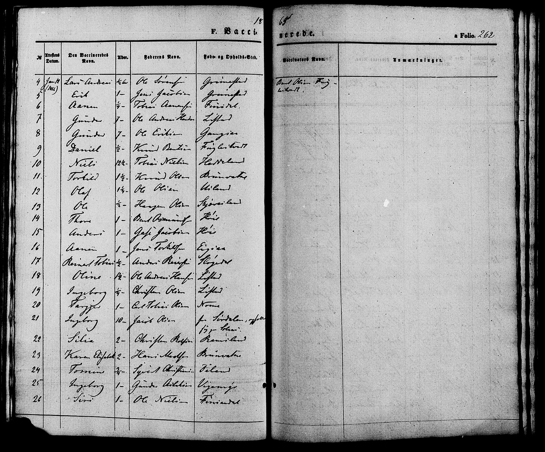 Holum sokneprestkontor, SAK/1111-0022/F/Fa/Fac/L0003: Parish register (official) no. A 3, 1860-1883, p. 262