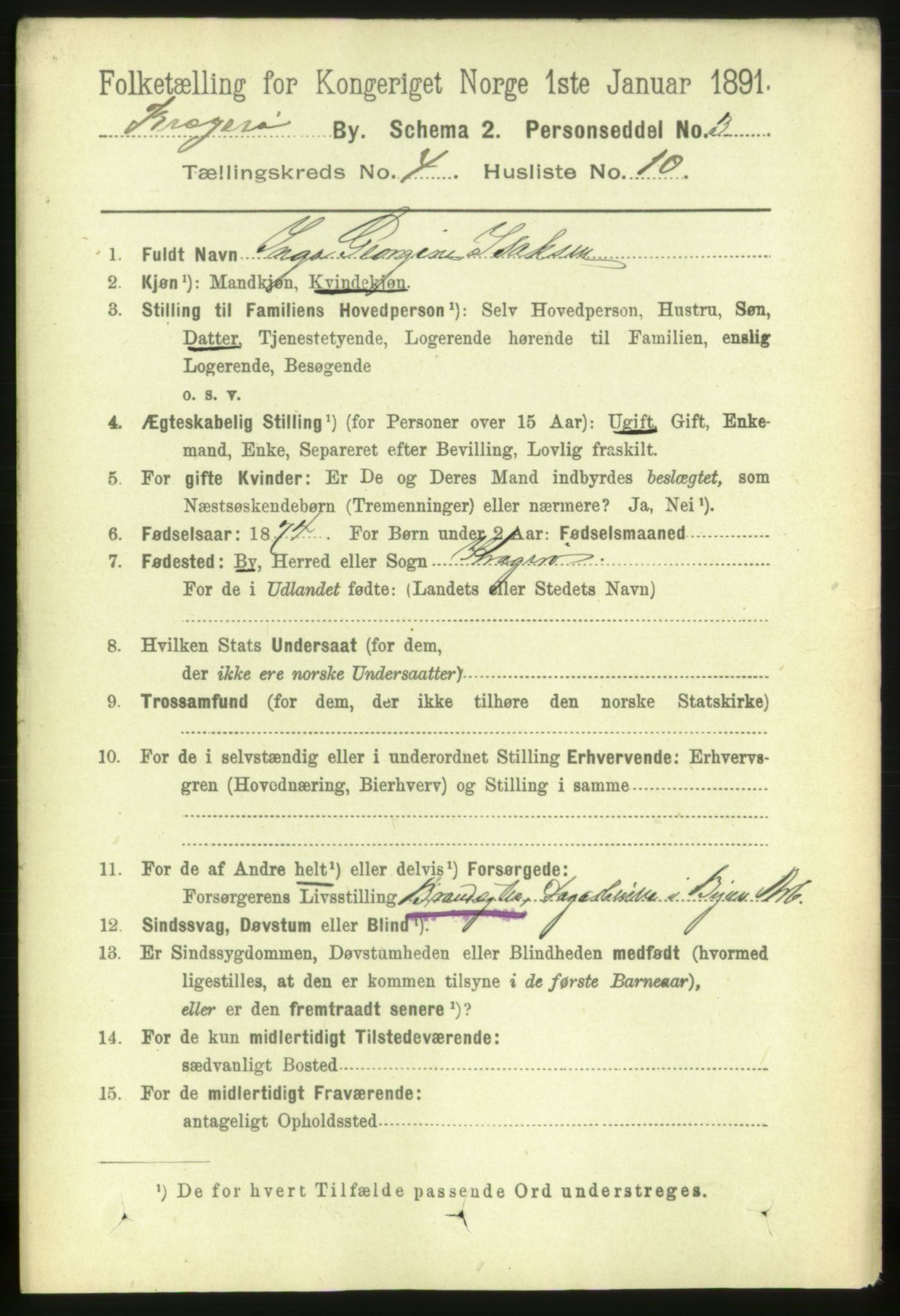 RA, 1891 census for 0801 Kragerø, 1891, p. 2886