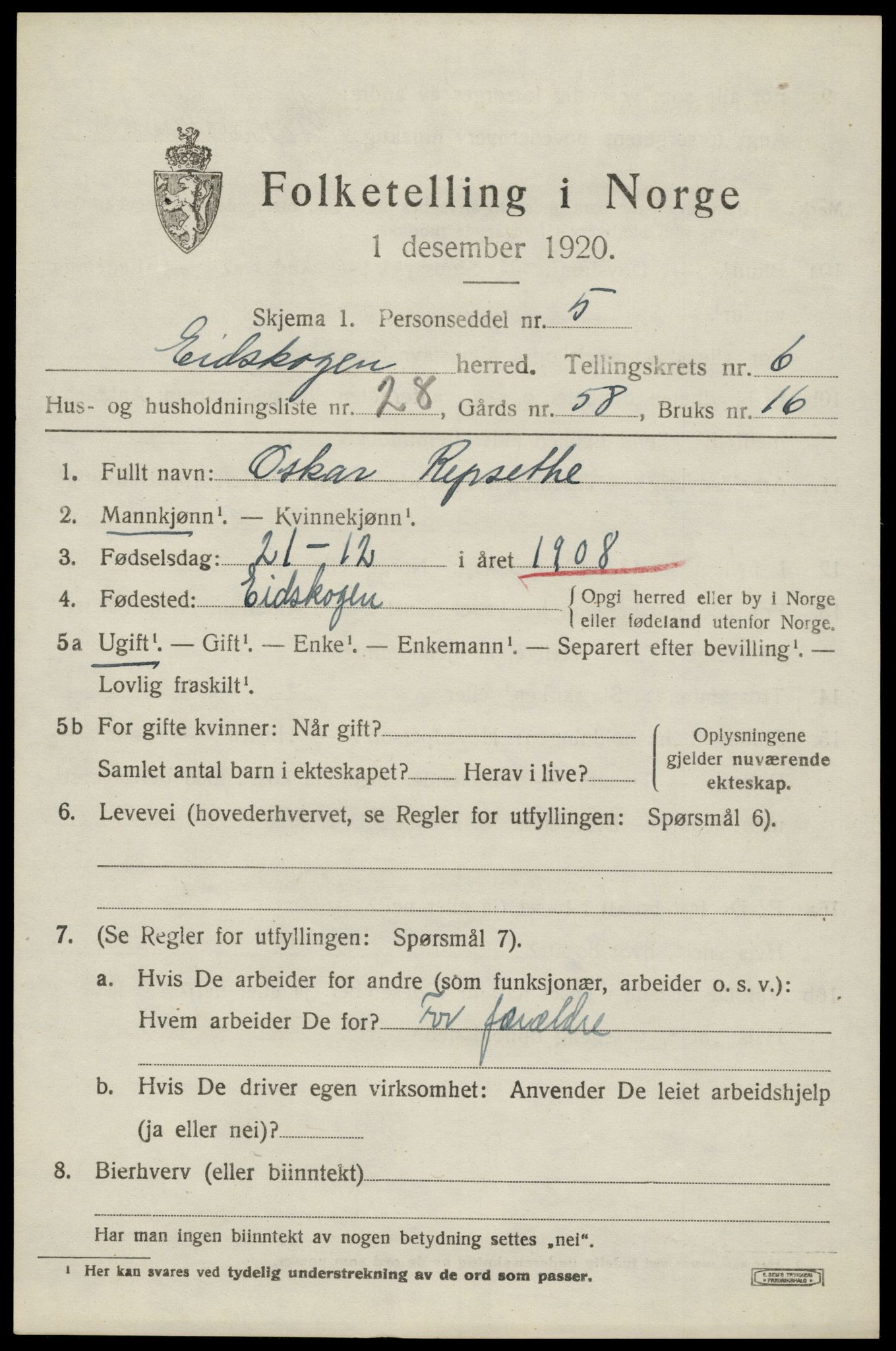 SAH, 1920 census for Eidskog, 1920, p. 6695