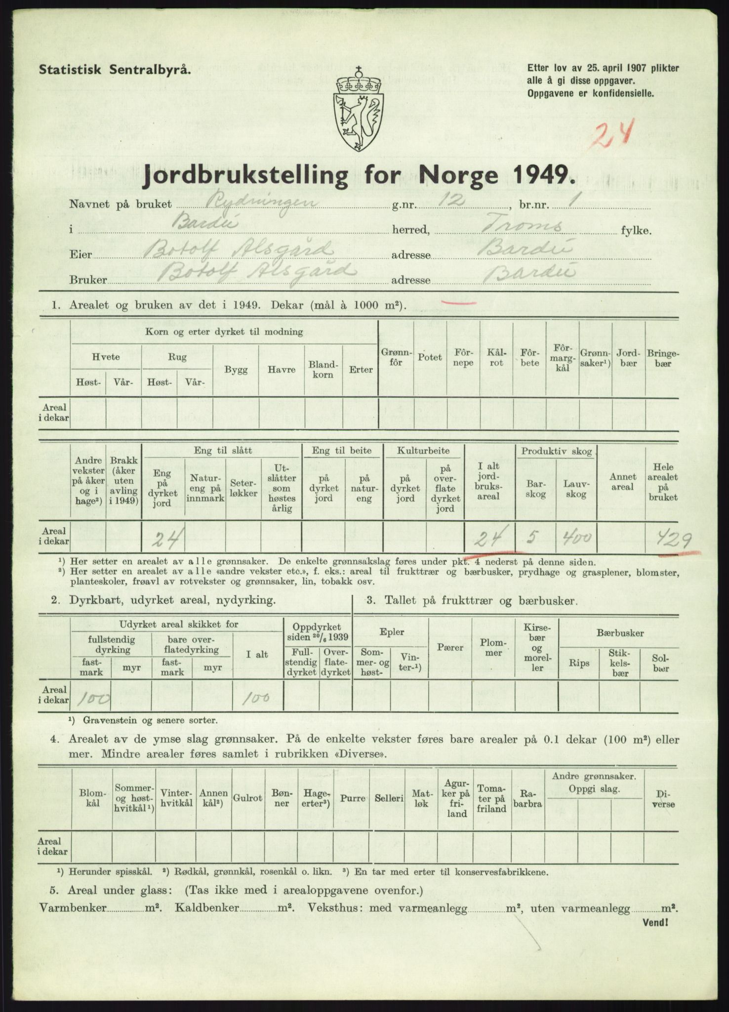Statistisk sentralbyrå, Næringsøkonomiske emner, Jordbruk, skogbruk, jakt, fiske og fangst, AV/RA-S-2234/G/Gc/L0438: Troms: Salangen og Bardu, 1949, p. 1157