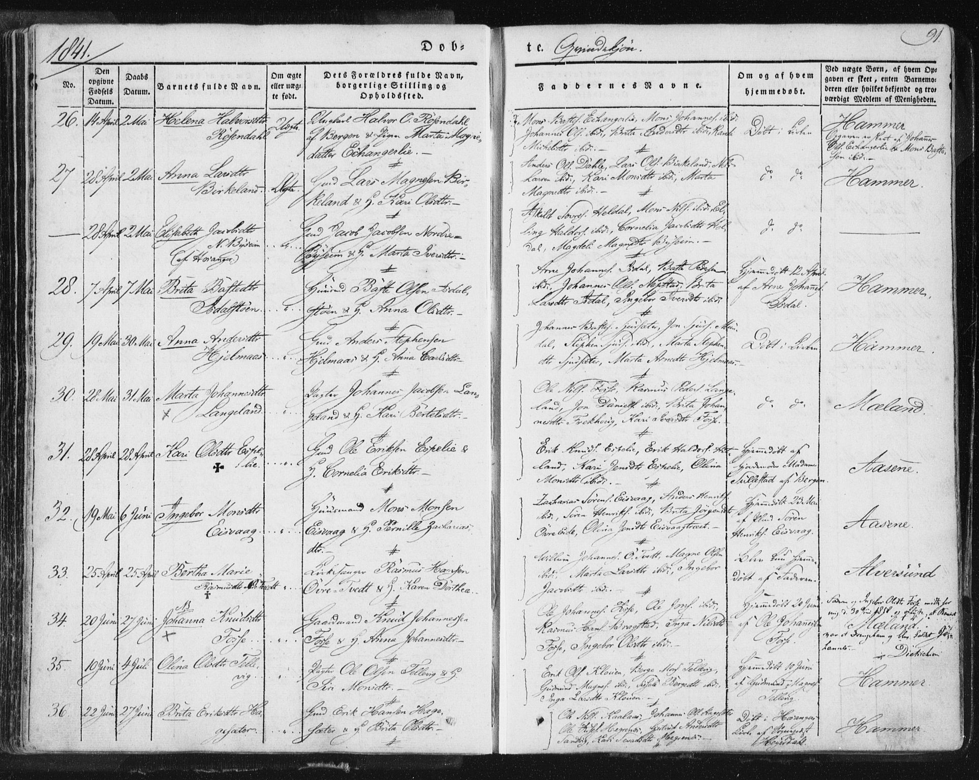 Hamre sokneprestembete, AV/SAB-A-75501/H/Ha/Haa/Haaa/L0012: Parish register (official) no. A 12, 1834-1845, p. 91