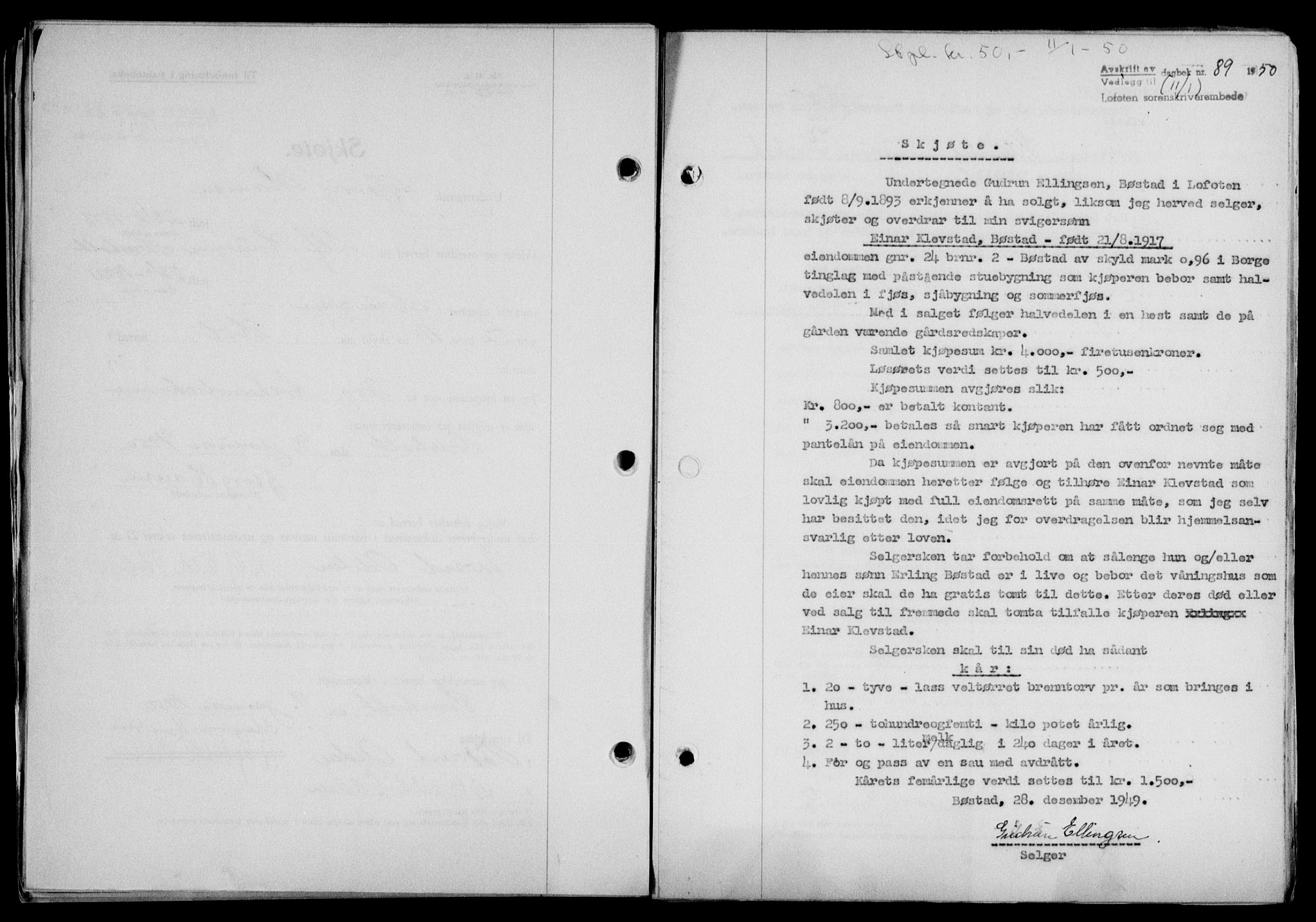 Lofoten sorenskriveri, SAT/A-0017/1/2/2C/L0022a: Mortgage book no. 22a, 1949-1950, Diary no: : 89/1950