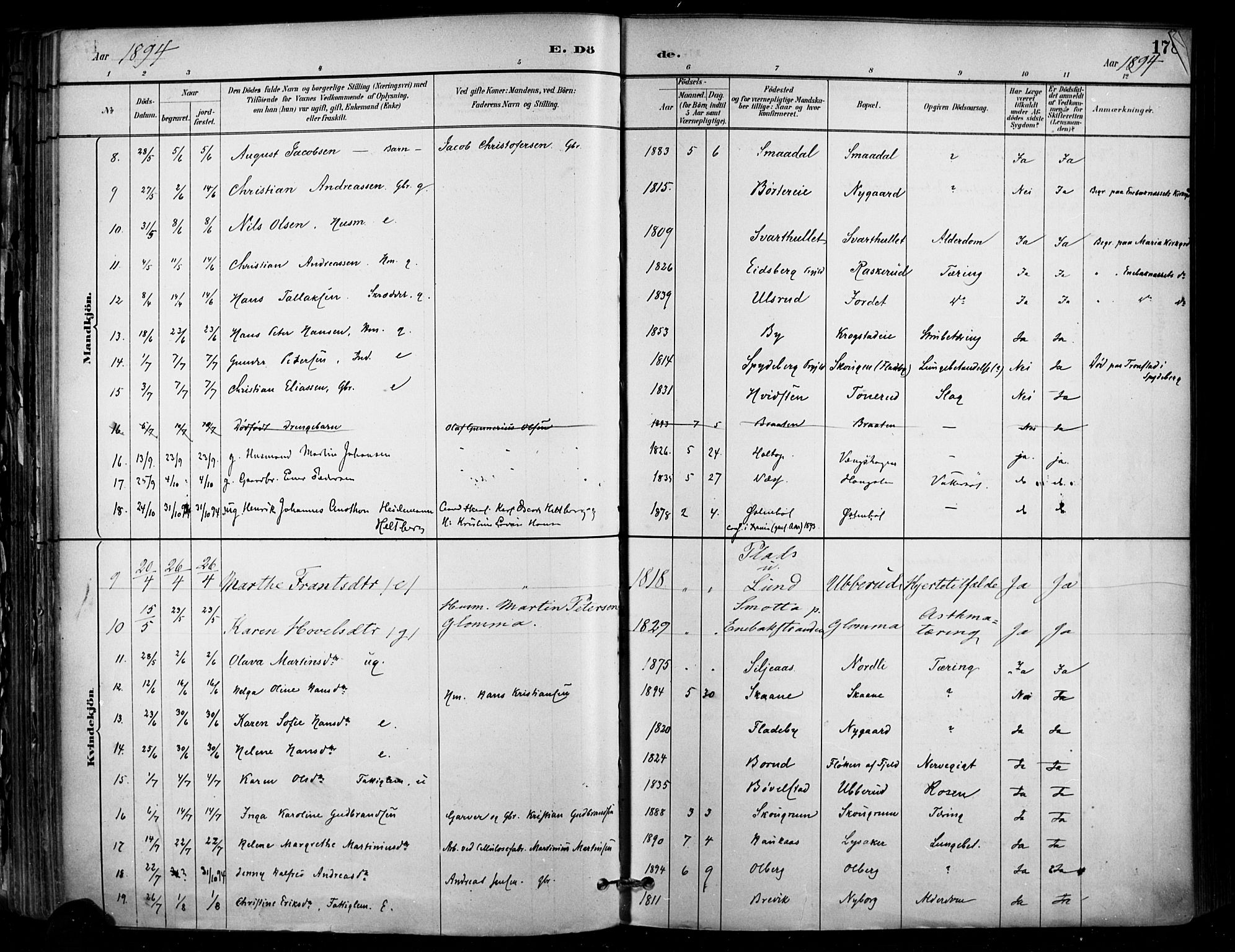 Enebakk prestekontor Kirkebøker, SAO/A-10171c/F/Fa/L0016: Parish register (official) no. I 16, 1883-1898, p. 178