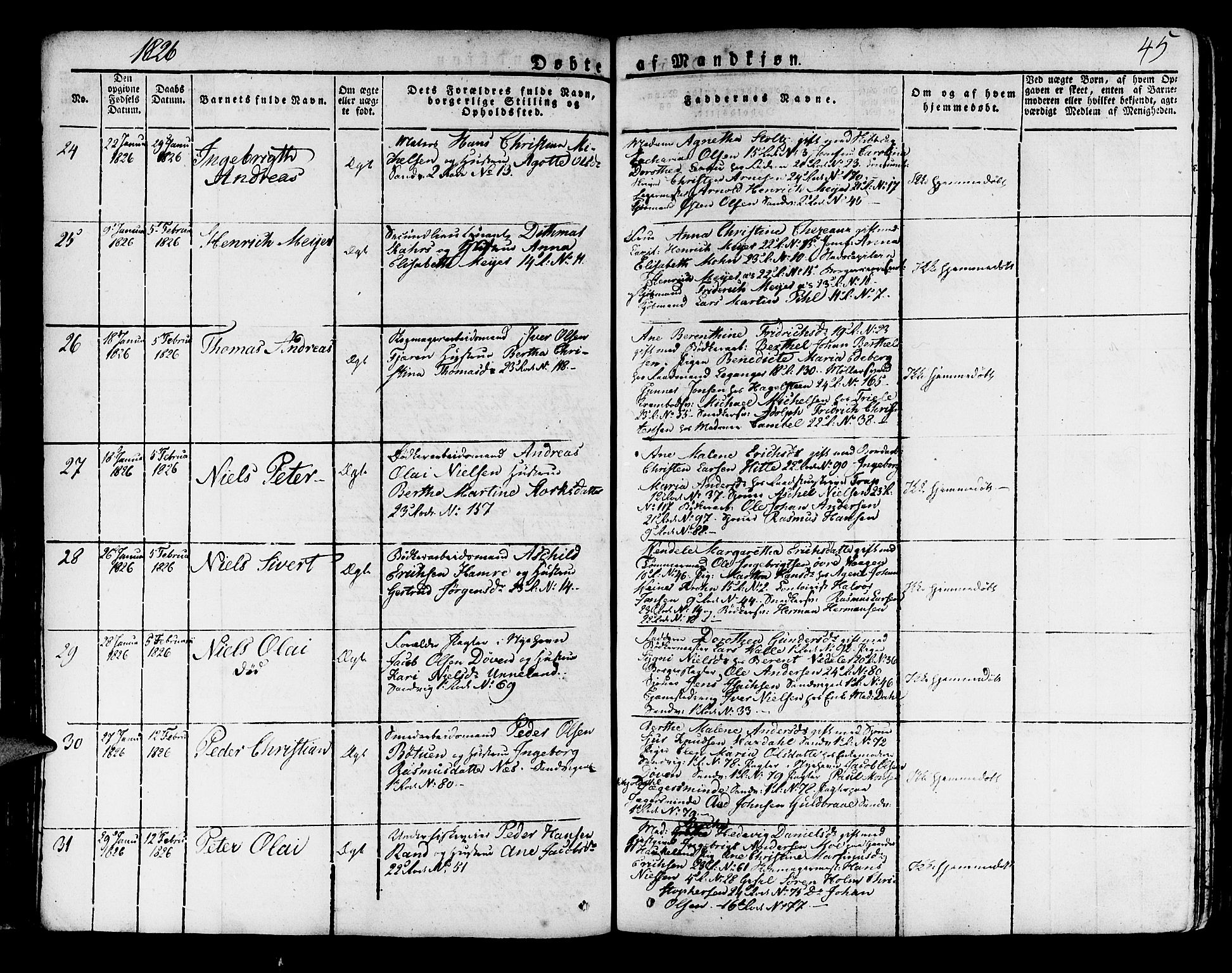 Korskirken sokneprestembete, AV/SAB-A-76101/H/Haa/L0014: Parish register (official) no. A 14, 1823-1835, p. 45