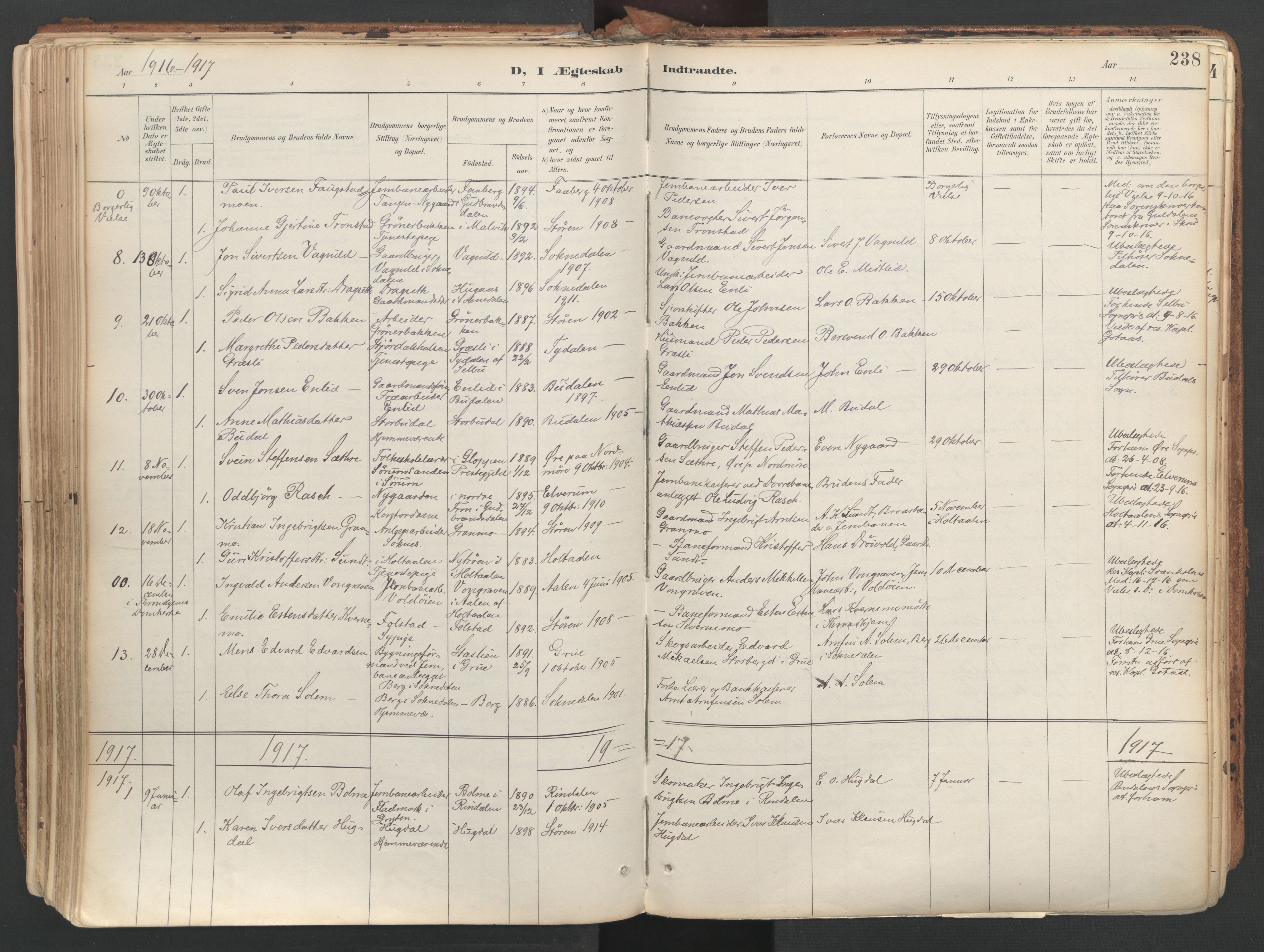 Ministerialprotokoller, klokkerbøker og fødselsregistre - Sør-Trøndelag, SAT/A-1456/687/L1004: Parish register (official) no. 687A10, 1891-1923, p. 238