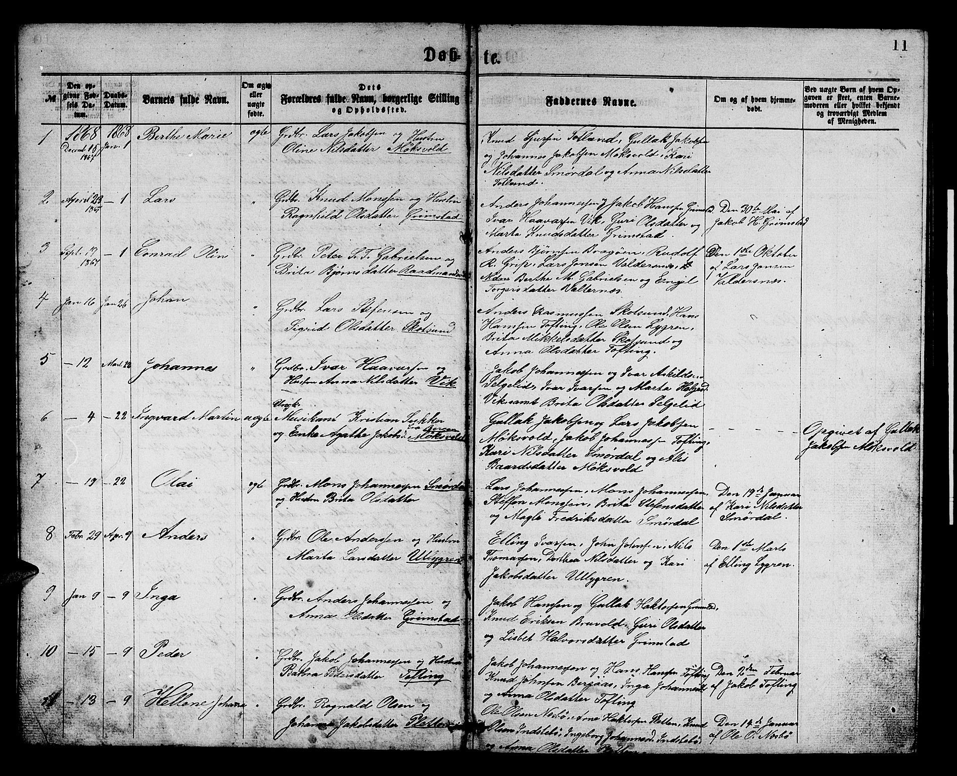 Alversund Sokneprestembete, SAB/A-73901/H/Ha/Hab: Parish register (copy) no. B 2, 1866-1880, p. 11