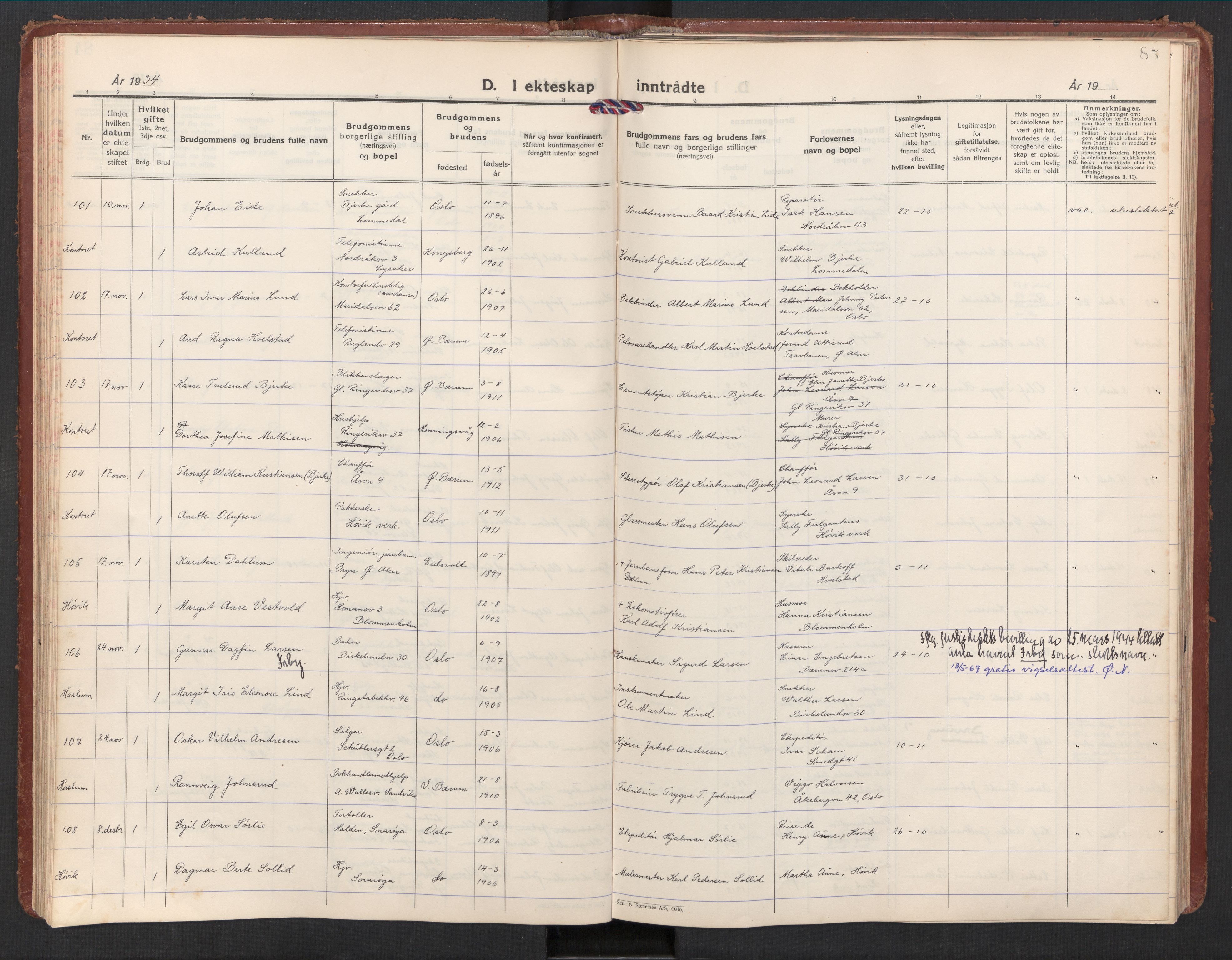 Østre Bærum prestekontor Kirkebøker, AV/SAO-A-10887/F/Fa/L0004: Parish register (official) no. 4, 1929-1940, p. 85