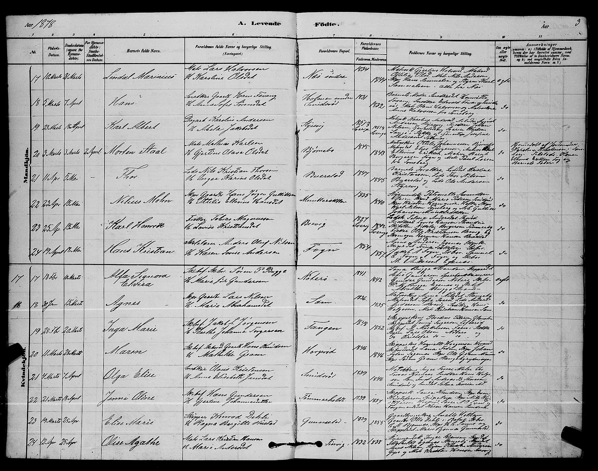 Nøtterøy kirkebøker, AV/SAKO-A-354/G/Ga/L0003: Parish register (copy) no. I 3, 1878-1893, p. 3