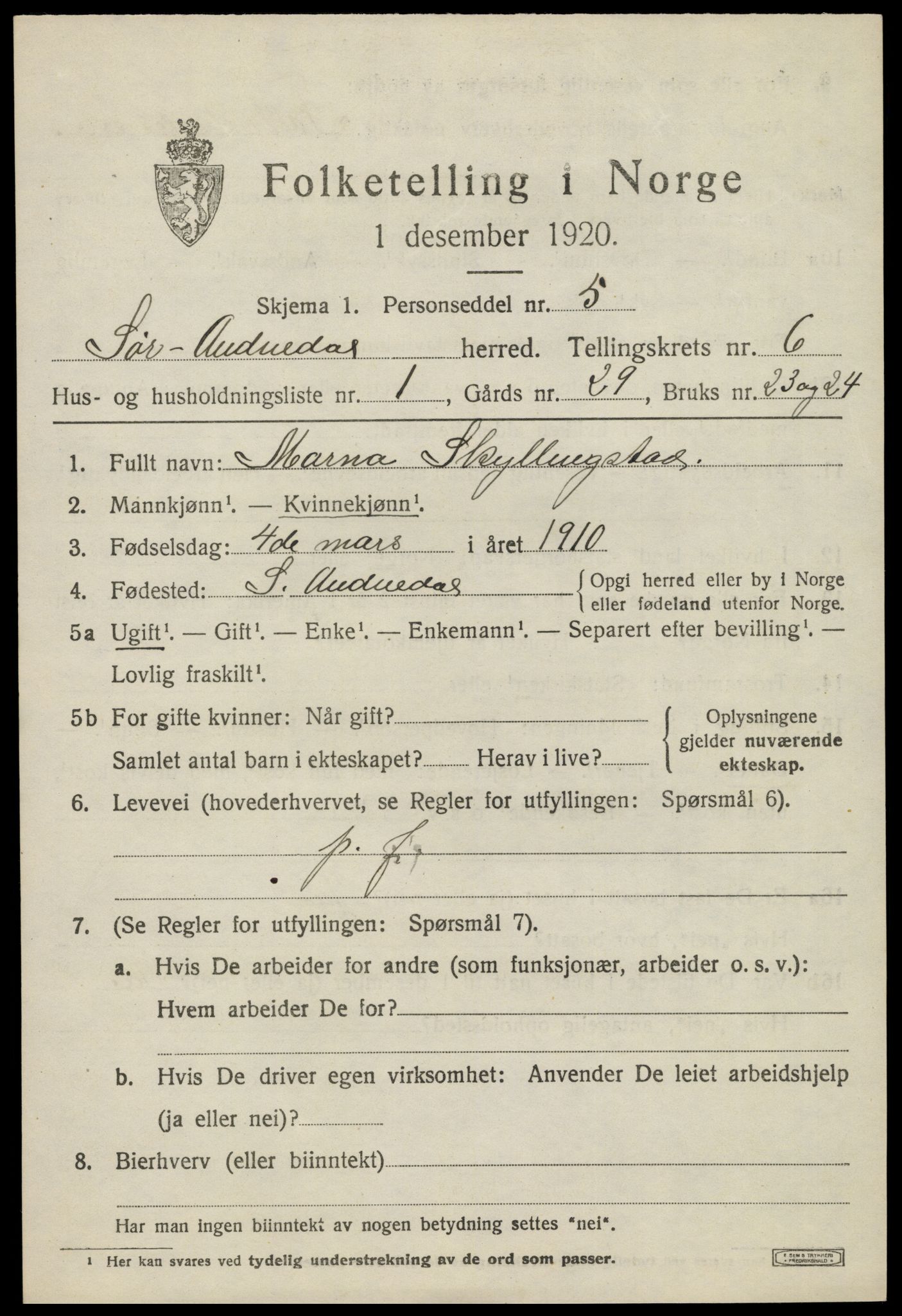 SAK, 1920 census for Sør-Audnedal, 1920, p. 2699