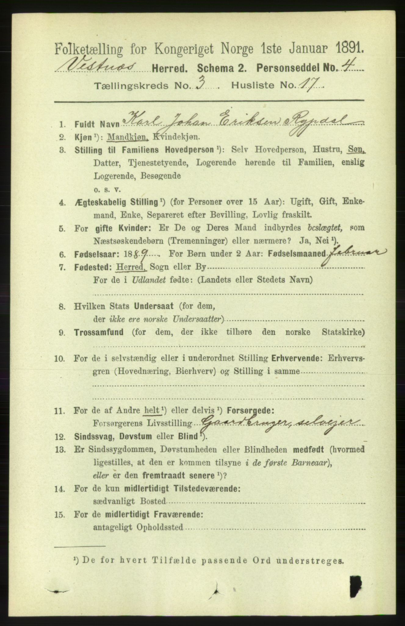 RA, 1891 census for 1535 Vestnes, 1891, p. 968