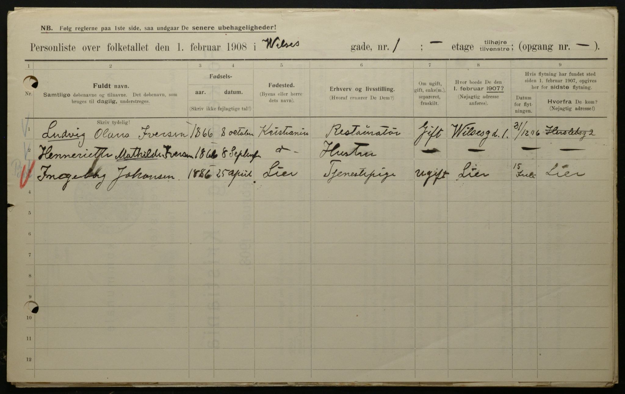 OBA, Municipal Census 1908 for Kristiania, 1908, p. 115156