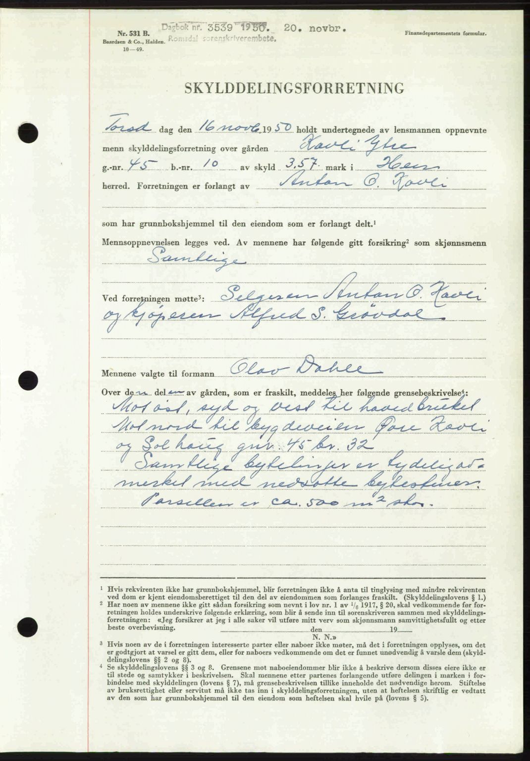 Romsdal sorenskriveri, AV/SAT-A-4149/1/2/2C: Mortgage book no. A34, 1950-1950, Diary no: : 3539/1950