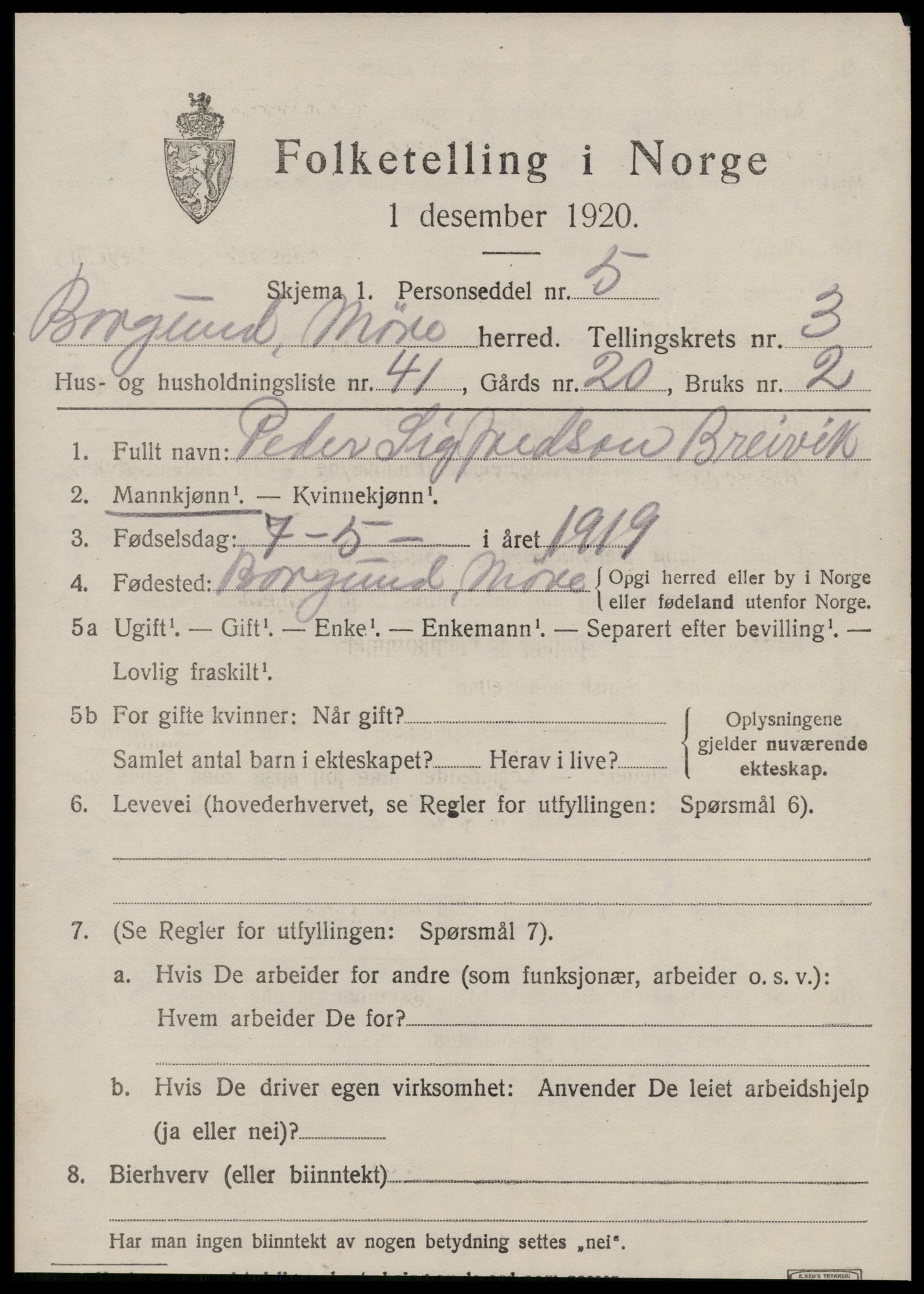 SAT, 1920 census for Borgund, 1920, p. 3858