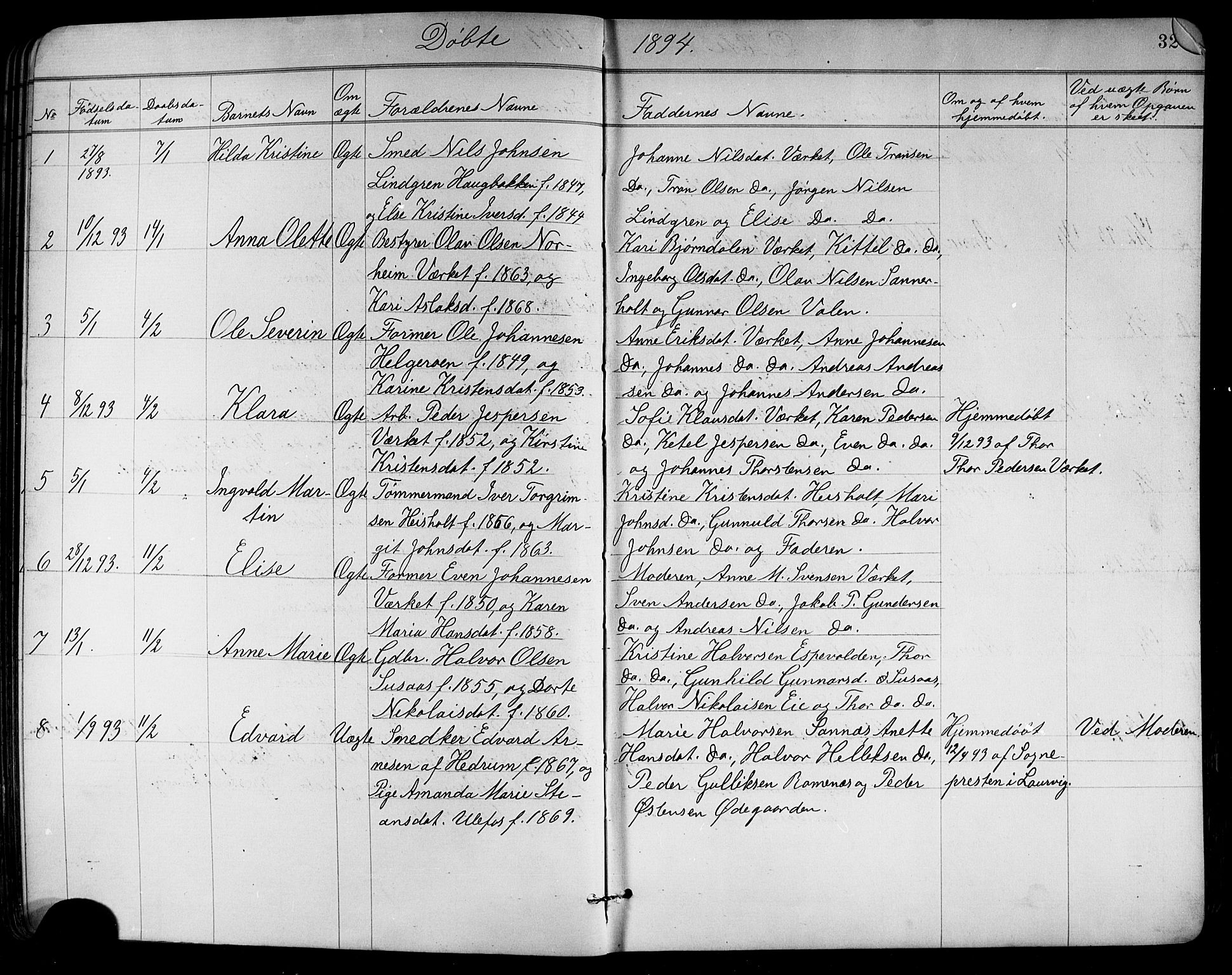 Holla kirkebøker, SAKO/A-272/G/Ga/L0005: Parish register (copy) no. I 5, 1891-1917, p. 32