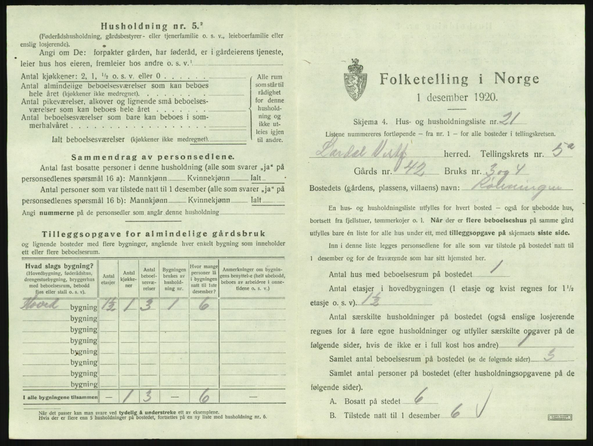 SAKO, 1920 census for Lardal, 1920, p. 721