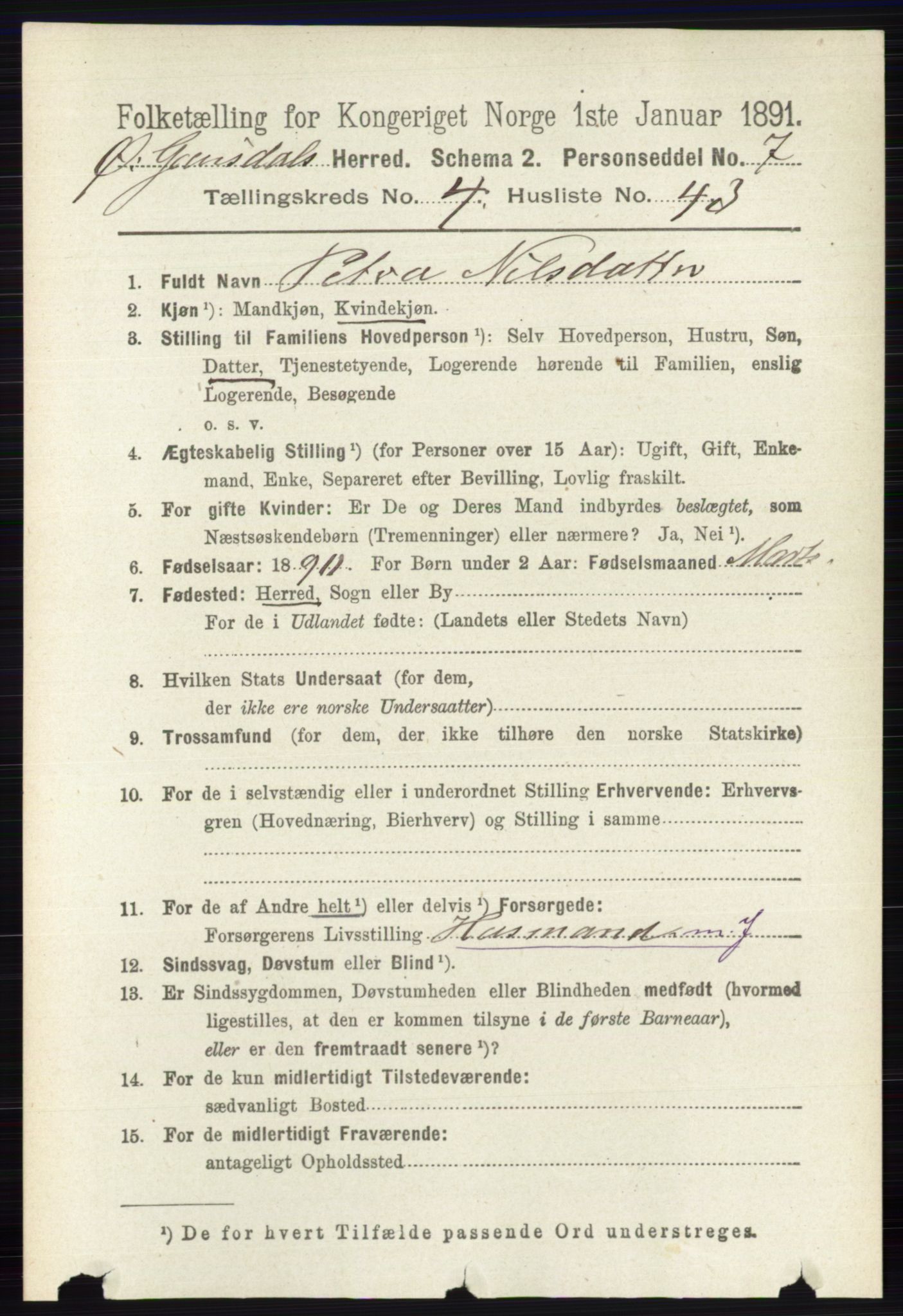 RA, 1891 census for 0522 Østre Gausdal, 1891, p. 2791