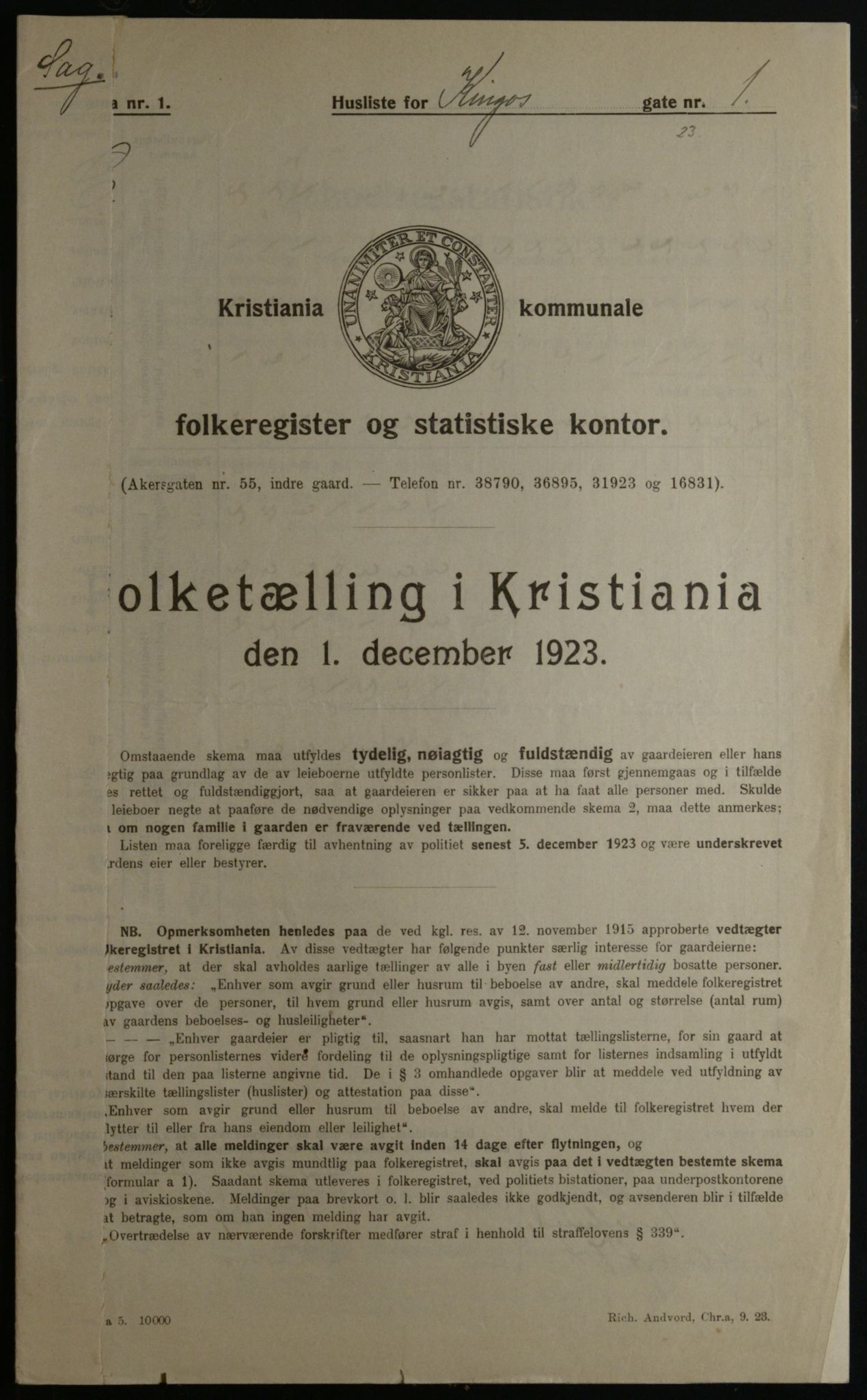 OBA, Municipal Census 1923 for Kristiania, 1923, p. 55292