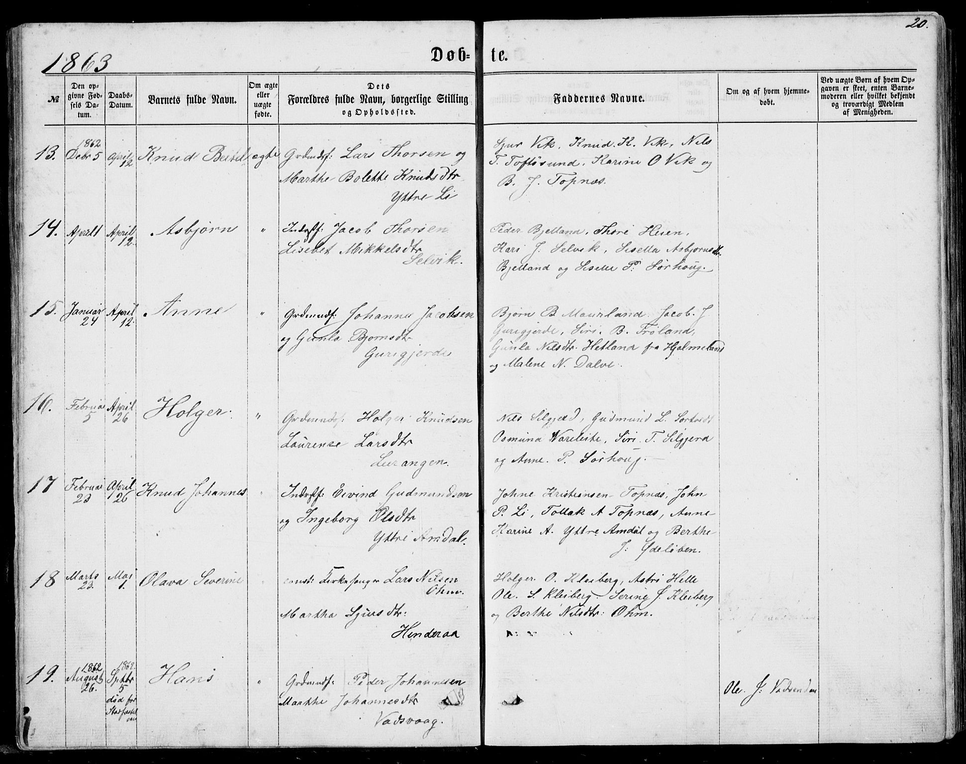 Nedstrand sokneprestkontor, AV/SAST-A-101841/01/IV: Parish register (official) no. A 9, 1861-1876, p. 20