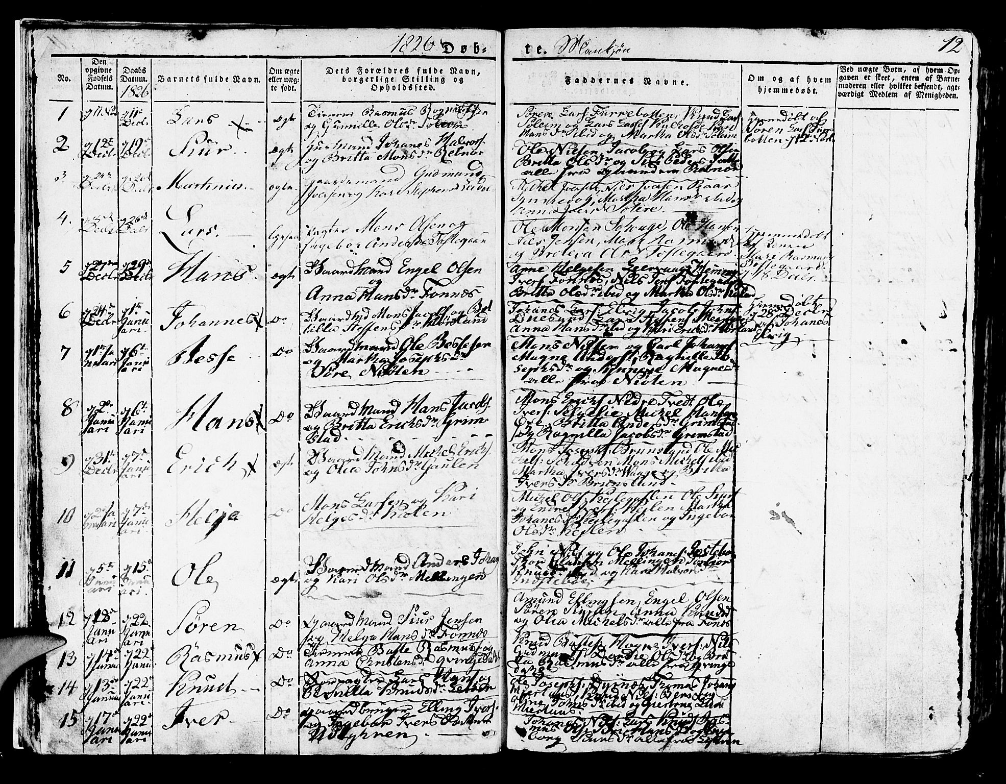 Lindås Sokneprestembete, SAB/A-76701/H/Haa: Parish register (official) no. A 8, 1823-1836, p. 12