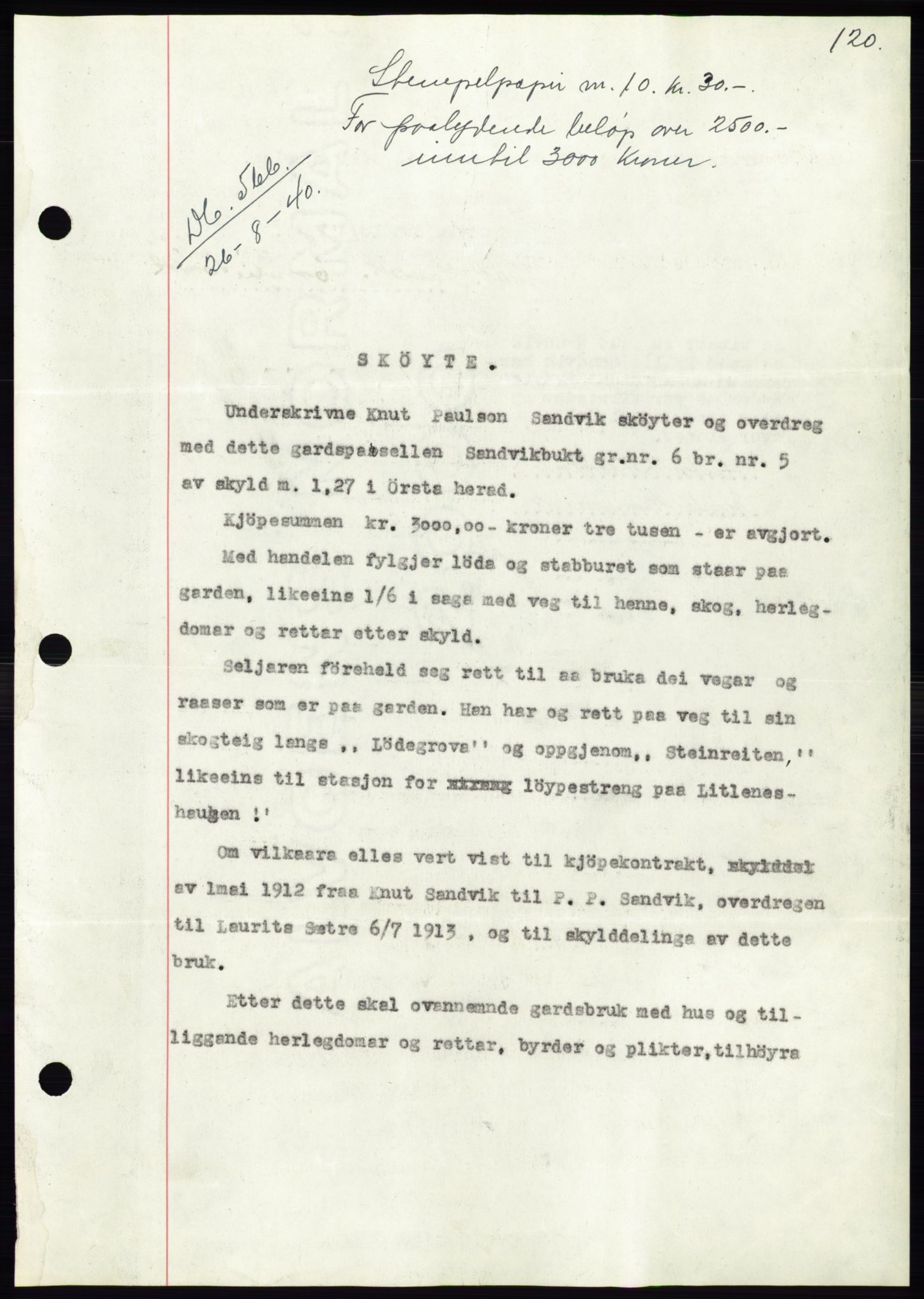 Søre Sunnmøre sorenskriveri, AV/SAT-A-4122/1/2/2C/L0070: Mortgage book no. 64, 1940-1941, Diary no: : 566/1940