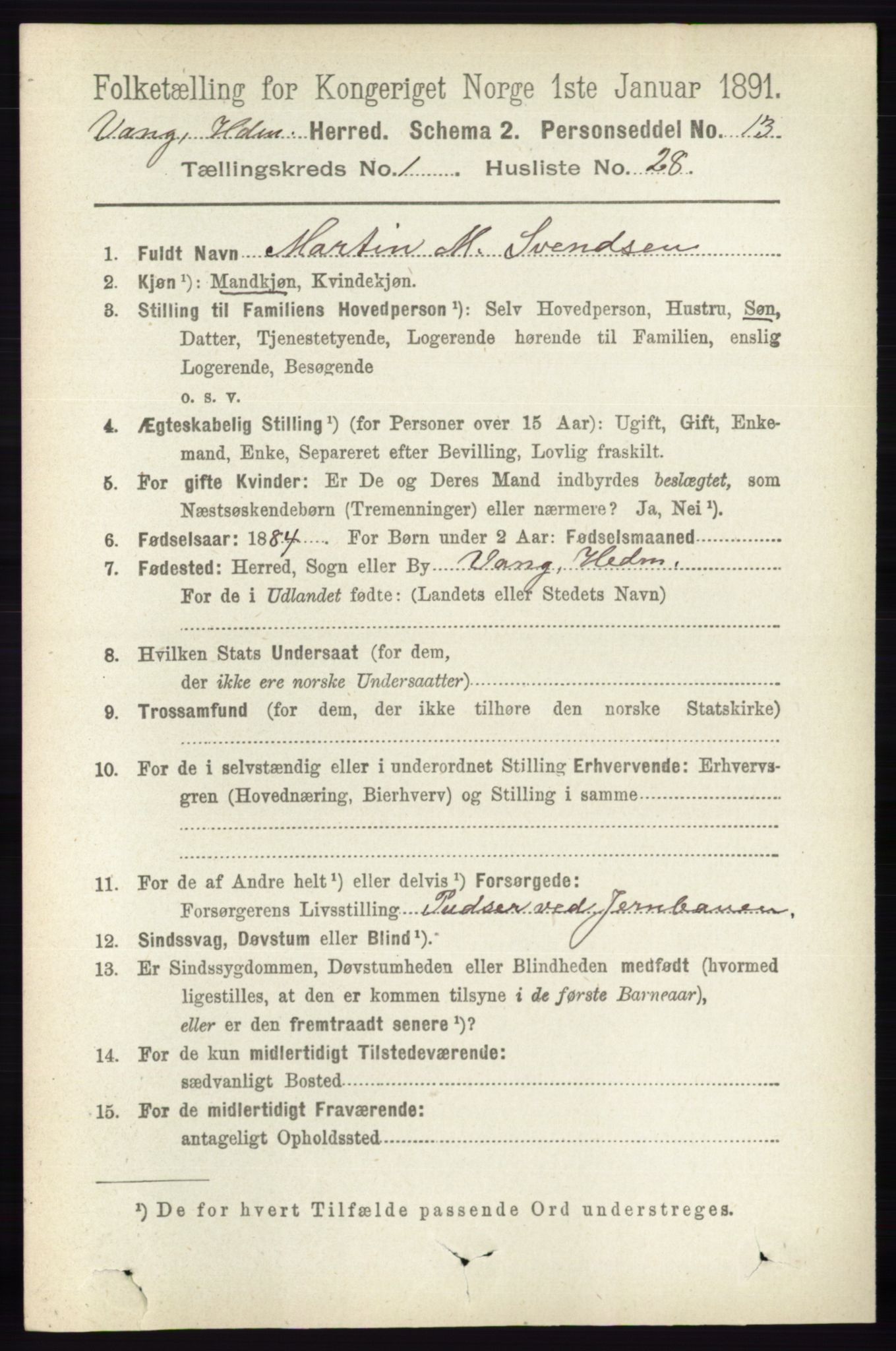 RA, 1891 census for 0414 Vang, 1891, p. 354